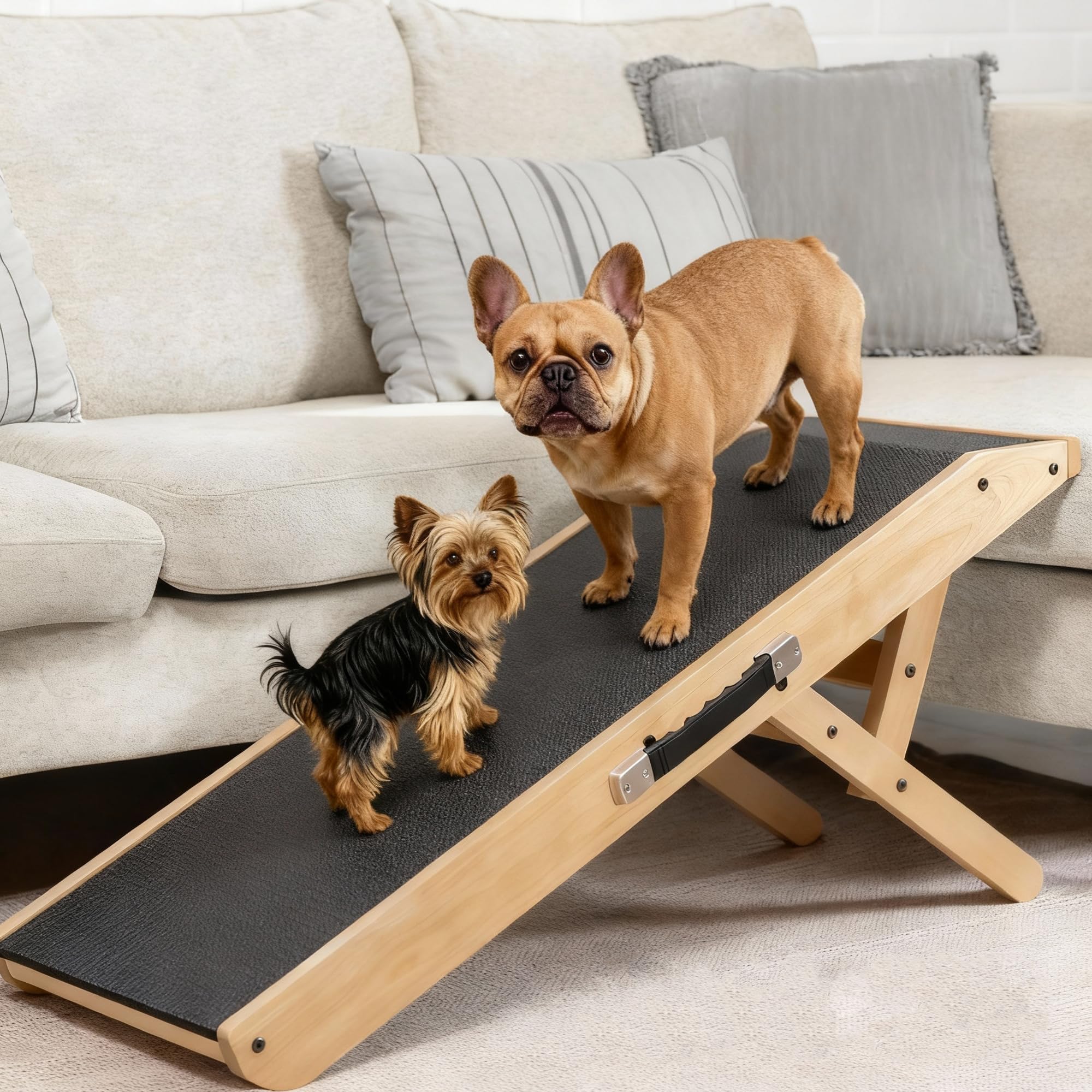 Hunderampe - Hundetreppe für kleine Hunde und große Hunde - Einstellbar 18-53 cm - Für Bett Sofa - Birkenholz - Landeplattform schließt nahtlos an - Rampe Hund Klappbar - Anti-rutsch Einsatz Naturel