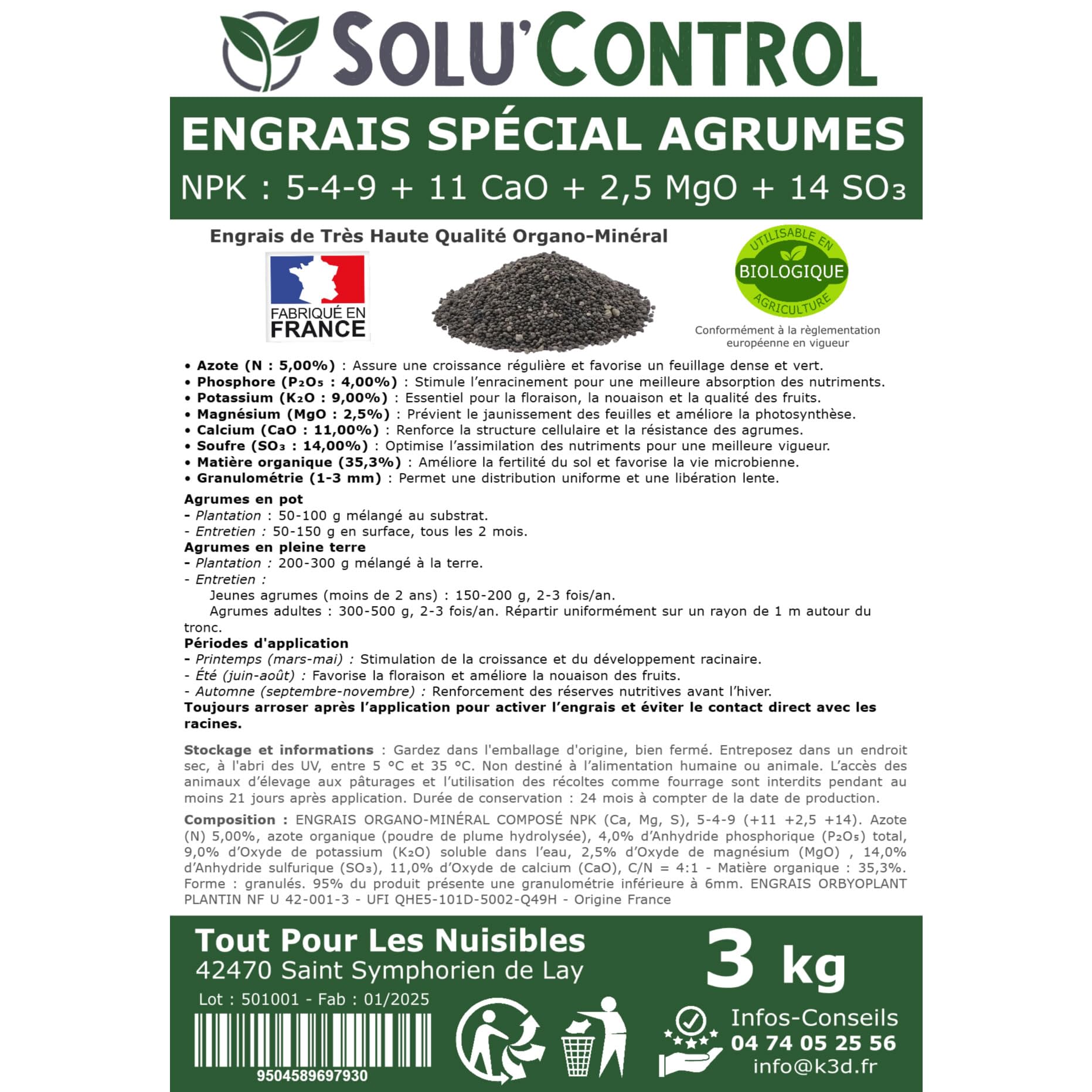 Engrais Spécial Agrumes 3 kg - SoluControl - Formulation haute qualité Organo-Minerale - Citronnier, Oranger, Mandarinier, Clémentinier, Pamplemoussier, Kumquat, Yuzu, Combava ...