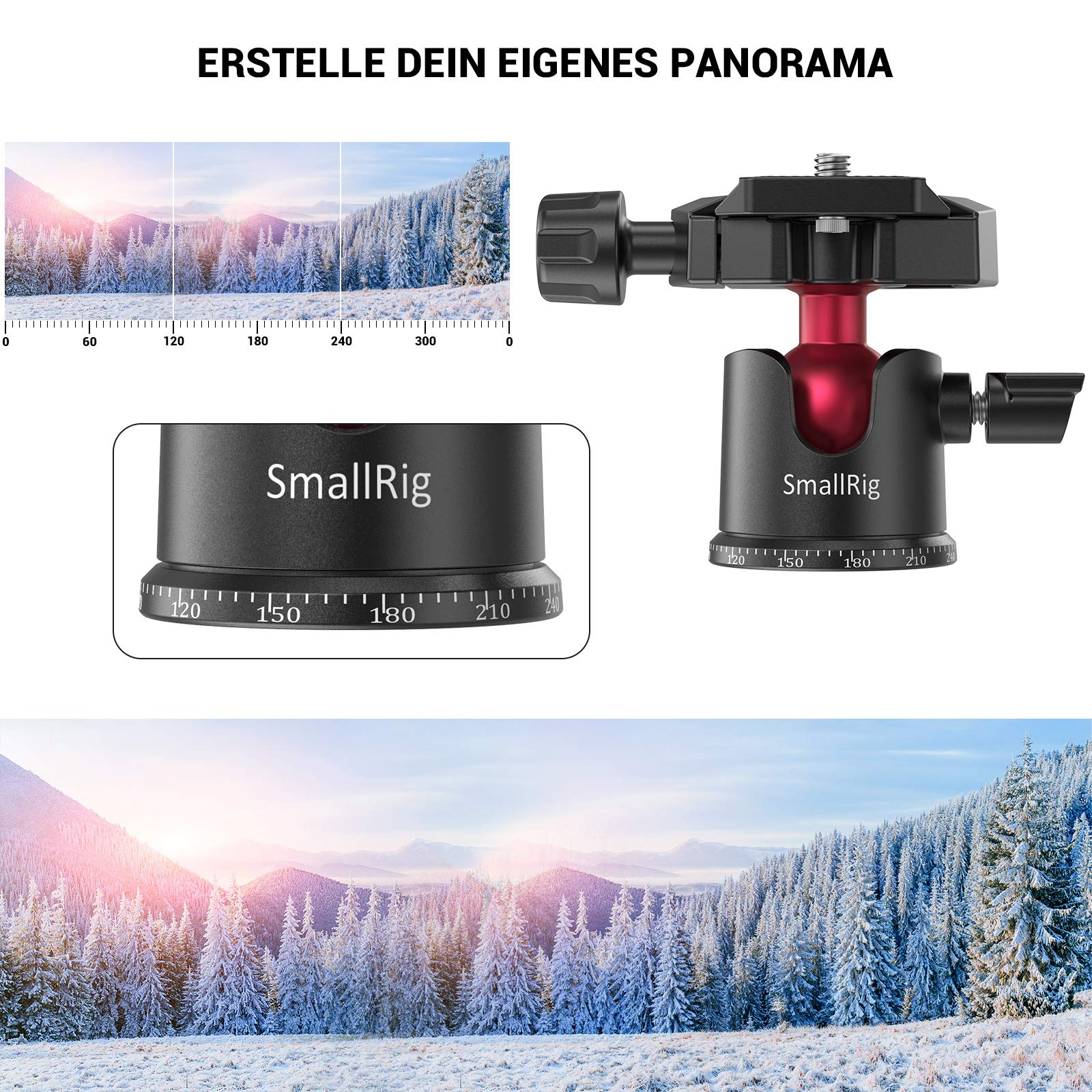 SMALLRIG Mini-Kugelkopf 360° Panorama mit 1/4" Schraube 3/8" Gewindehalterung und Schnellwechselplatte Metall-Kugelgelenk für Einbeinstativ, DSLR, Telefon, Gopro, max Belastung 4.4lbs/2kg - 2665