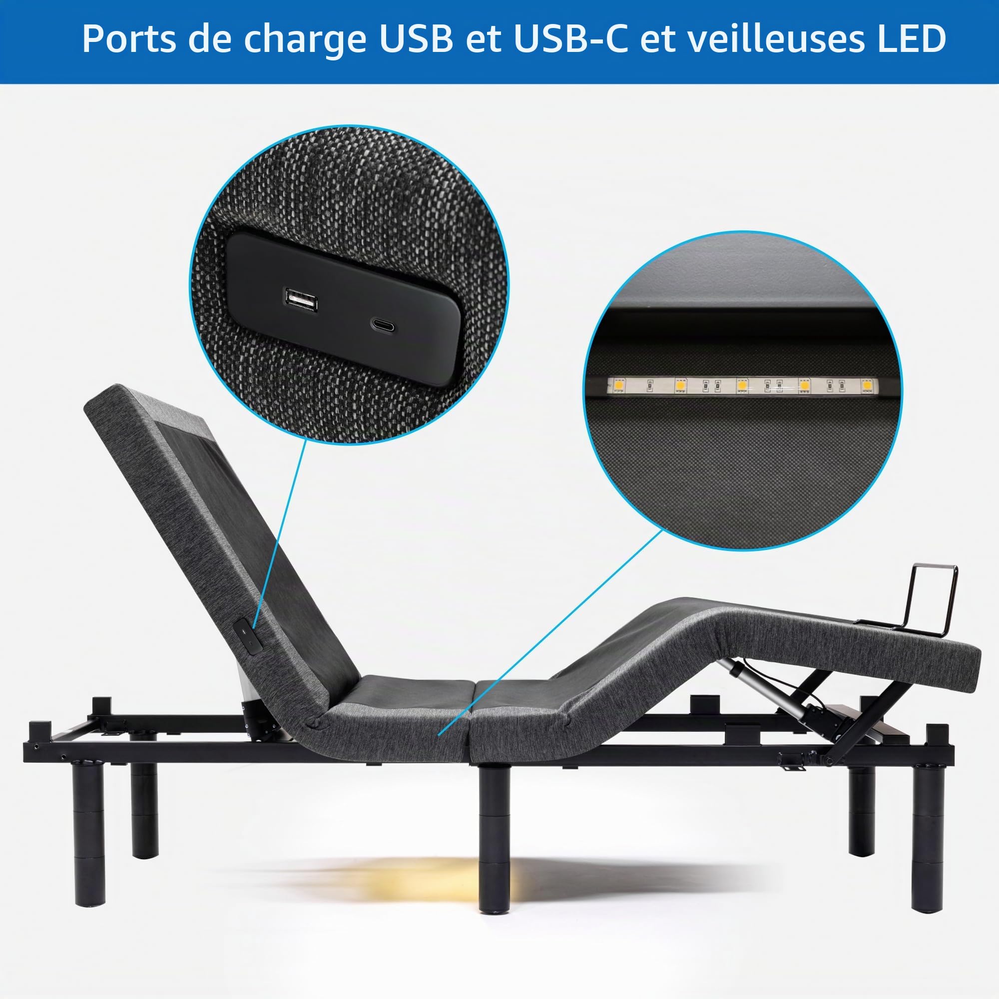 S*MAX Sommier électrique 140x200 de Relaxation Deux moteurs Deux ports USB Télécommande sans fil Veilleuse Dégagement zéro Gravité Lit double electrique 2 personnes Inclinaison de la tête et des pieds
