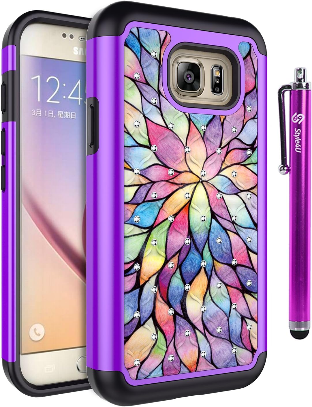 Style4U Galaxy S7 Active Case, S7 Active Case, Studded Rhinestone Crystal Bling Hybrid Armor Case Cover for Samsung Galaxy S7 Active [Not for Galaxy S7] with 1 Stylus [Flower Purple/Black]
