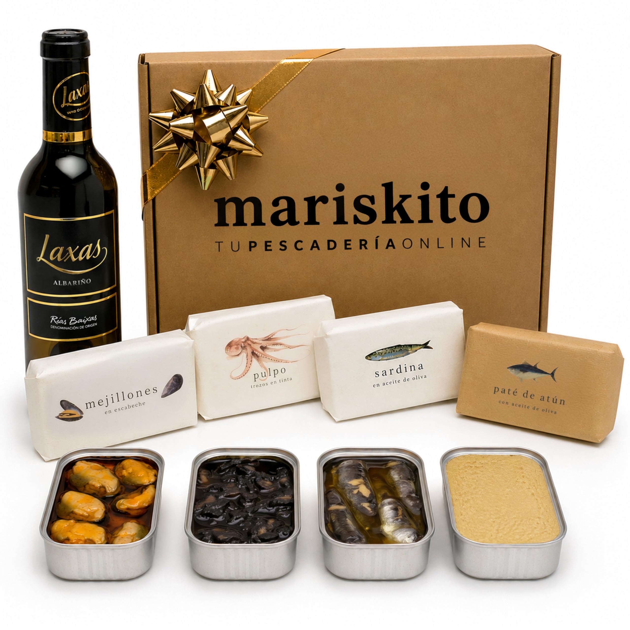 Caja Regalo Gourmet con Albariño Laxas y Conservas Gallegas – Mejillones, Sardinas, Pulpo en Tinta, Paté de Atún – Pack Aperitivo Navidad