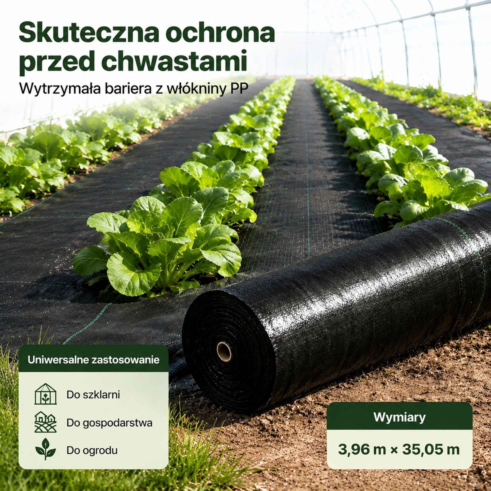 Mata przeciw chwastom w rolce, czarna tkanina z polipropylenu z liniami pomocniczymi i wykończonymi krawędziami do szklarni oraz gospodarstw