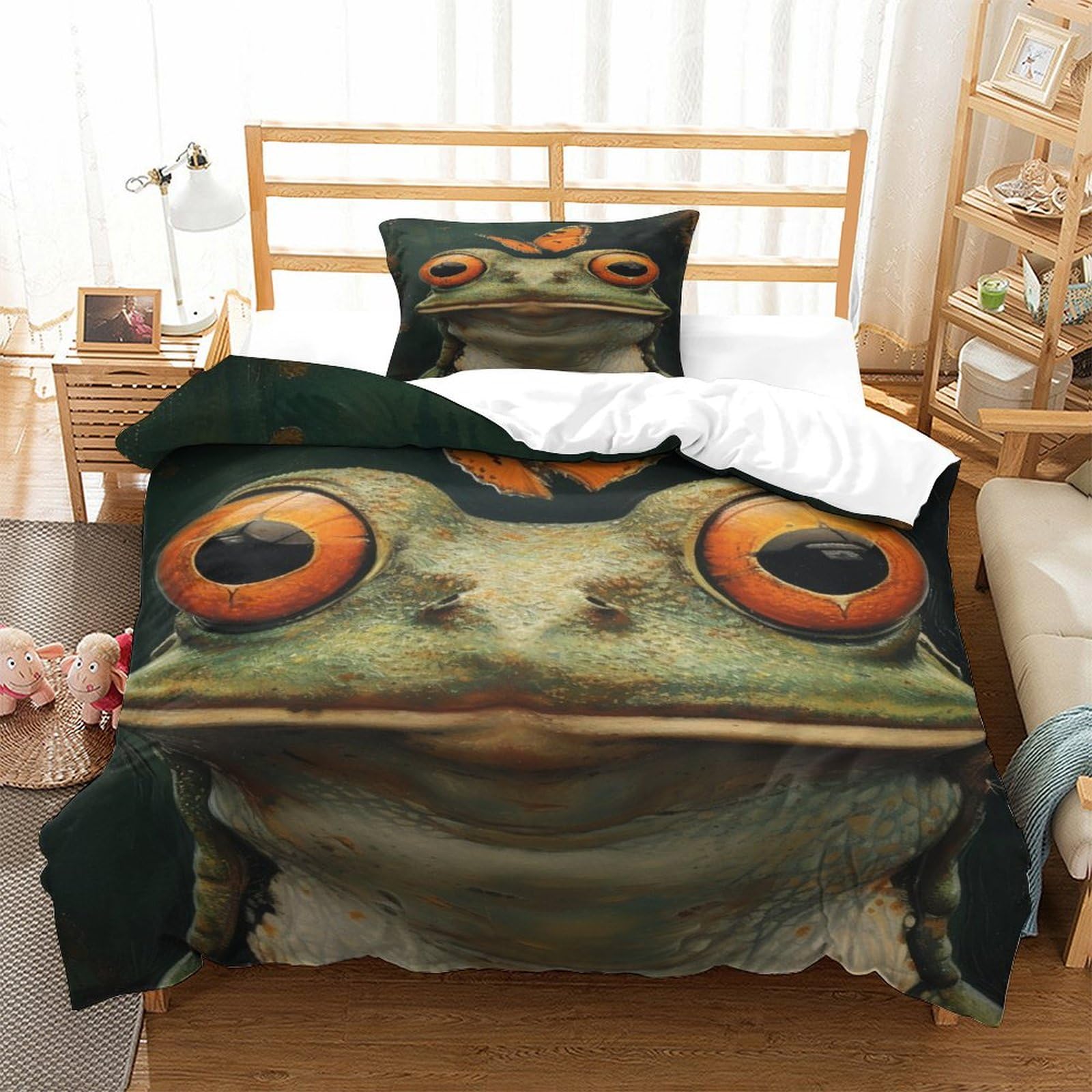 P1S9U7W5Y 3D Printed Frog Butterfly Pattern Microfiber 3 Pieces Duvet Cover Set Bedroom Decor Animal Bedding Set for Adults Teens Single（135x200cm）