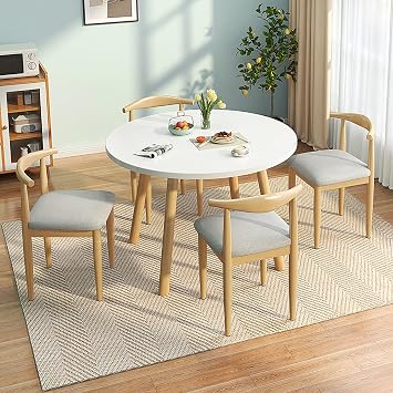 Round Table Dining Table Set for 4 People, Nordic Style Wooden Round Table Metal Legs for Conference Reception Room Coffee Leisure Table and Chair Combination for Kitchen, Meeting Room, Library,