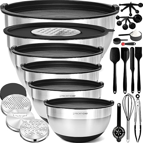 Priority Chef Juego de tazones para mezclar de acero inoxidable con tapas, 30 piezas de primera calidad con 6 cuencos de metal para cocina, 3