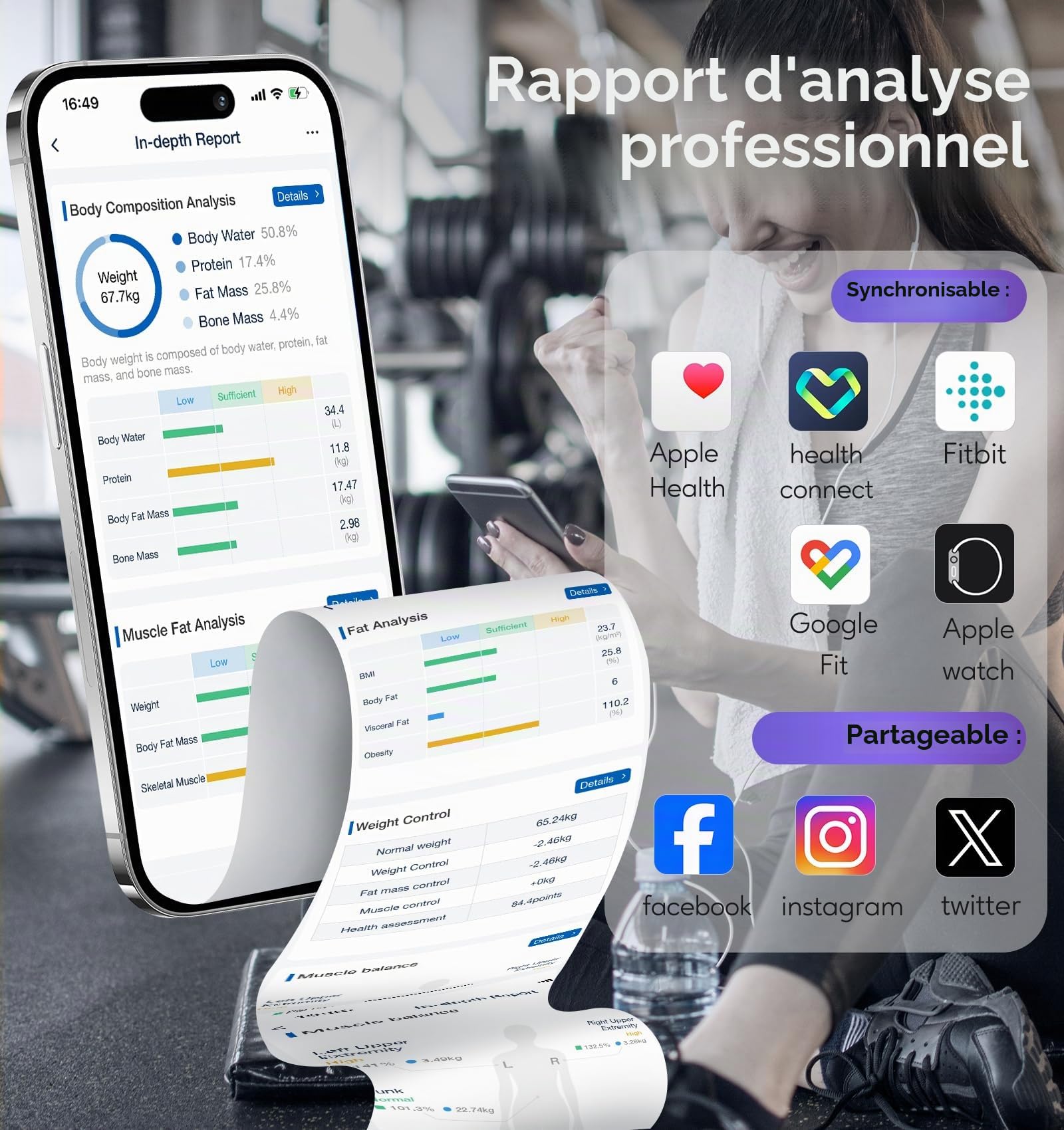 GE Balance intelligente pour poids corporel, balance de salle de bain numérique à 8 électrodes, 27 mesures pour la graisse, l'IMC, la masse musculaire, analyseur de composition corporelle, Bluetooth