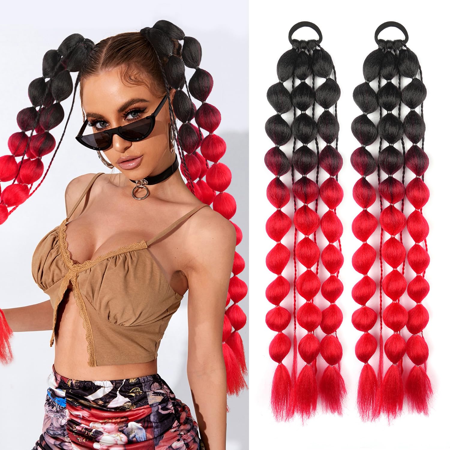 LyoRuSi 2 Pcs 22 Inch Lightweight Bubble Ponytail Extensions, Colored Braids Hair Extensions with Hair Tie, Crazy Hair Day, Festival Rave Accessories for Woman (Purple/Light Blue/Pink#)
