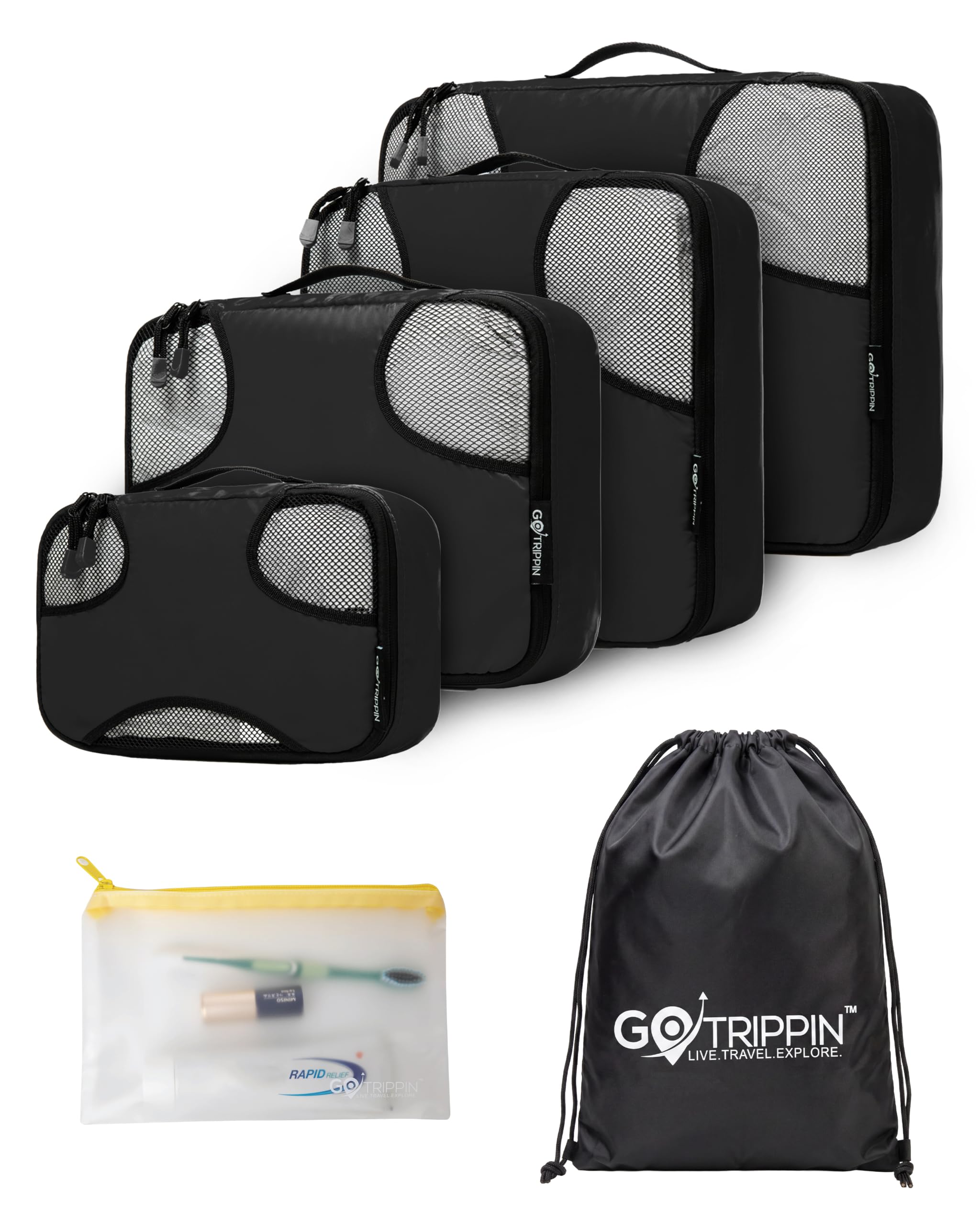 Packing Cubes for Travel, 6 in 1 Water Resistant Travel Organizer Pouch Set (4 Cubes+ Drawstring Bag+ Cosmetic Pouch), Luggage Suitcase Wardrobe Organiser Bags for Clothes Shoes (Black)-image-42