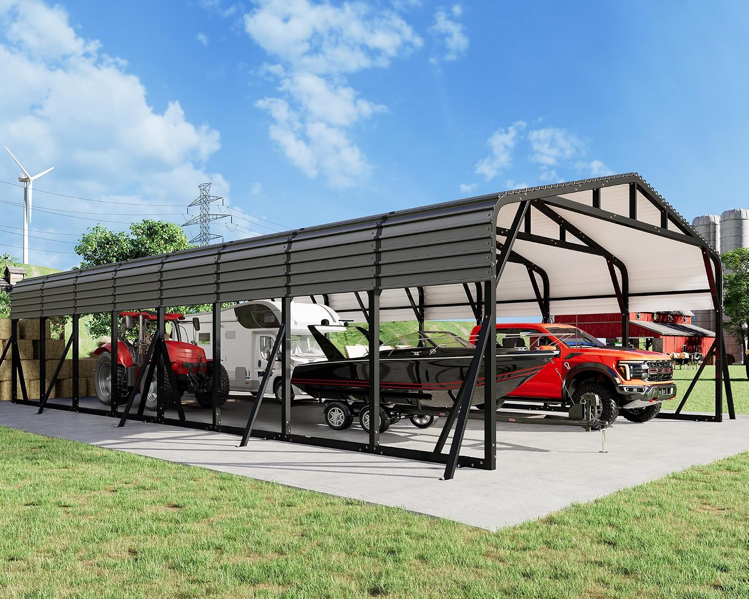Jocisland 20x40 FT Heavy Duty Metal Carport for Multiple Vehicles, All-Weather Car Canopy with Galvanized Steel Roof & Reinforced Base, Shelter for Bass Boats, Full-Sized Pickups and Tractors