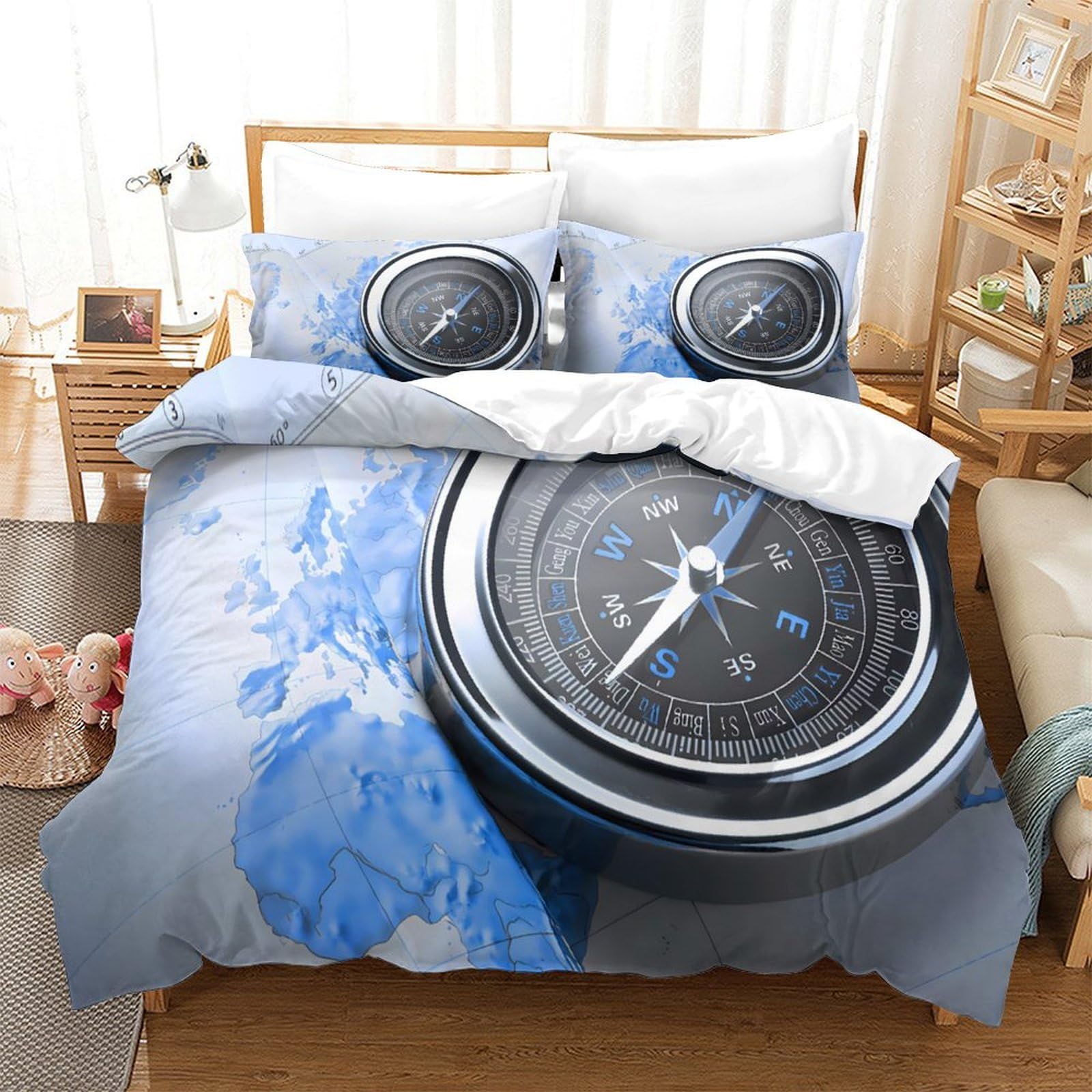 navegación con mapa y brújula 3D Impresión Funda de edredón 3pz Microfibra antimanchas diseño de guías de viaje Edredón funda 2 fundas resistente Adolescentes Adultos jóvenes Super king（260x220cm）