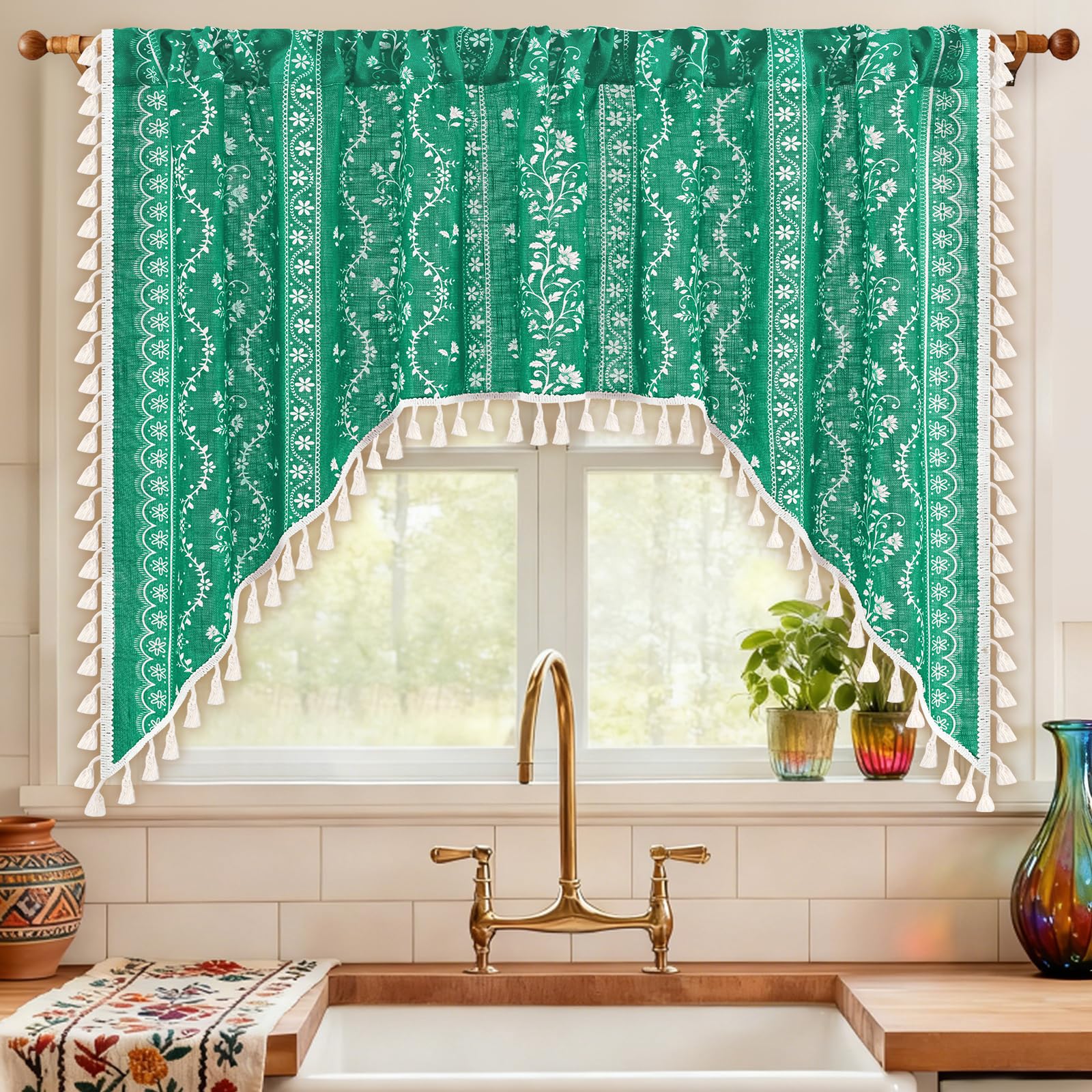 Yinhua Boho Swag Valance Curtains Vintage Linen Valances for Windows Light Filtering Floral Kitchen Valance Rod Pocket Farmhouse Rustic Tassel Window Valances for Bathroom Cafe, 60" W x 36" L, Teal