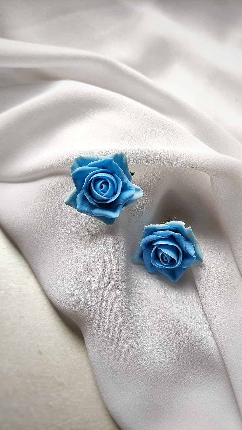 Blue mini rose studs small earrings colorful roses polymer clay handmade jewelry - Image 6