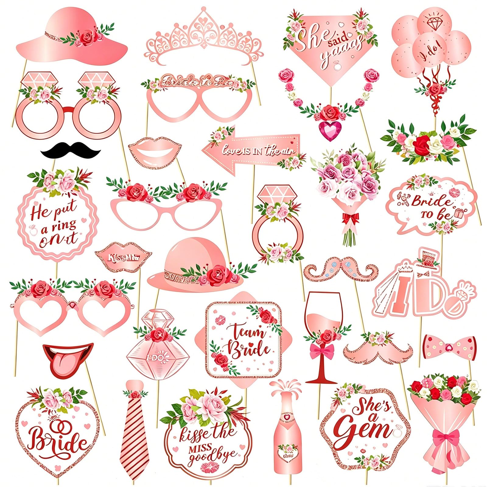 33 Pcs Rose Gold Bride Party Photo Booth Props, Team Bride Hen Party Accessories，Wedding Selfie Props for Birthday Engagement Bridal Shower Bachelorette Hen Do Party Games Decoration