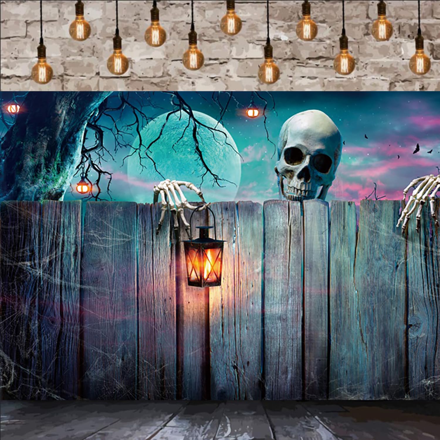 Halloween tło księżyc w pełni księżyc w nocy, przerażająca czaszka, szkielet, duch, vintage, drewno, fotografia, tło Halloween, noc, impreza, dekoracja, baner, rekwizyt do zdjęć