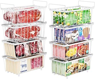 iSPECLE Deep Freezer Organizer Bins - Fits 7 Cu.Ft Chest Freezer, 8 Pack Stackable Wire Baskets(14.7" Length), Heavy Duty Coated Freezer Organizer, Rust Resistant for Frozen Food Sorting, White