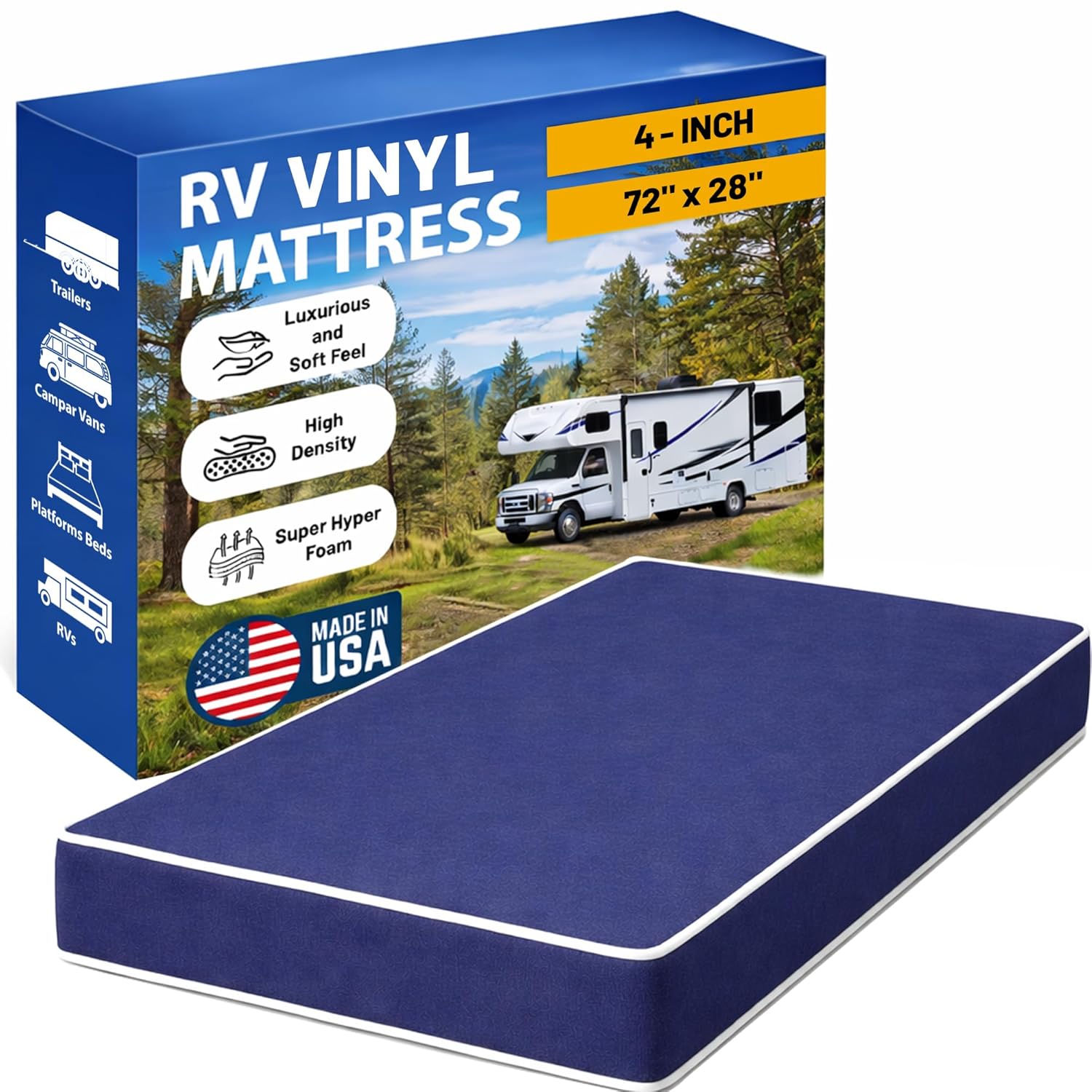 Greaton, 4-Inch High Density Foam RV Mattress Replacement with Nylon Vinyl Cover, Waterproof, Medium Firm, Travel Camper Trailer Truck and Bunk, Pressure-Relief Support, Made in USA, 72" x 28"