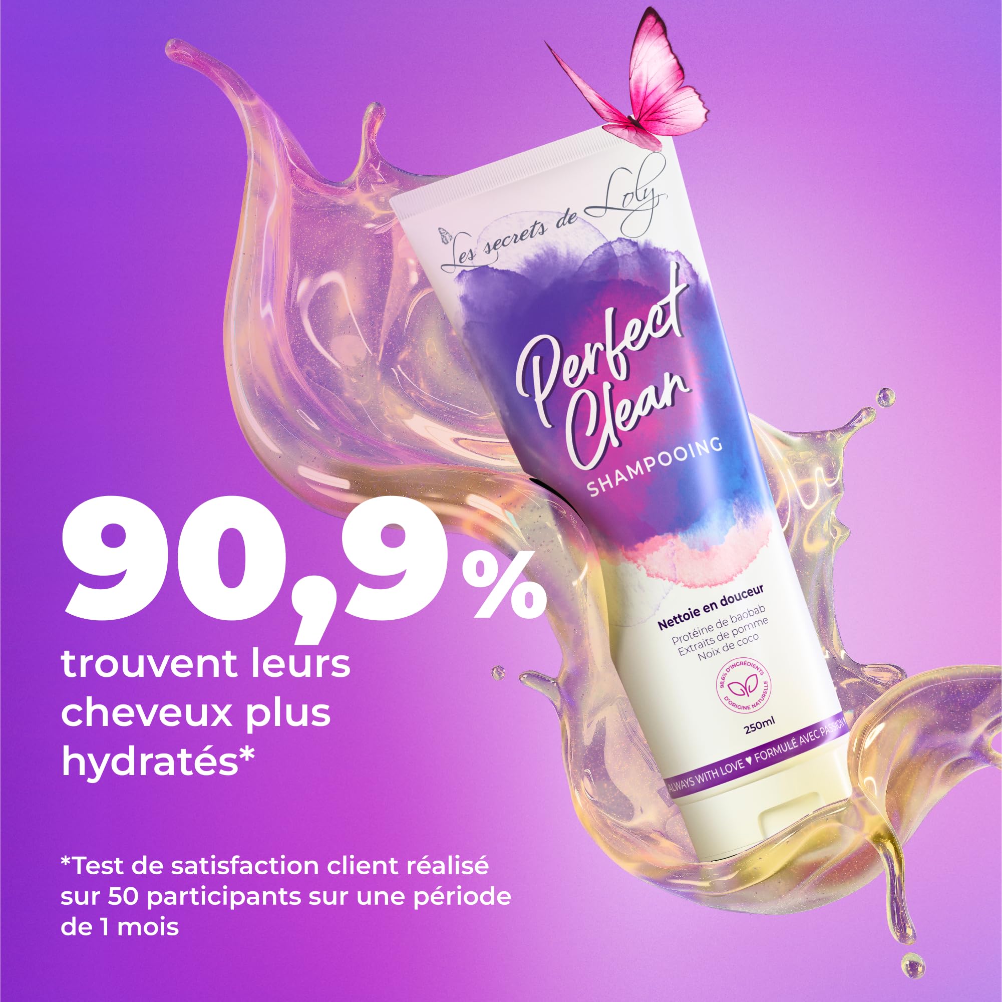 Les Secrets de Loly – Perfect Clean – Shampooing sans sulfate Hydratant & fortifiant – Cheveux ondulés, bouclés, frisés et crépus – 96% ingrédients d'origine naturelle – 250 ml