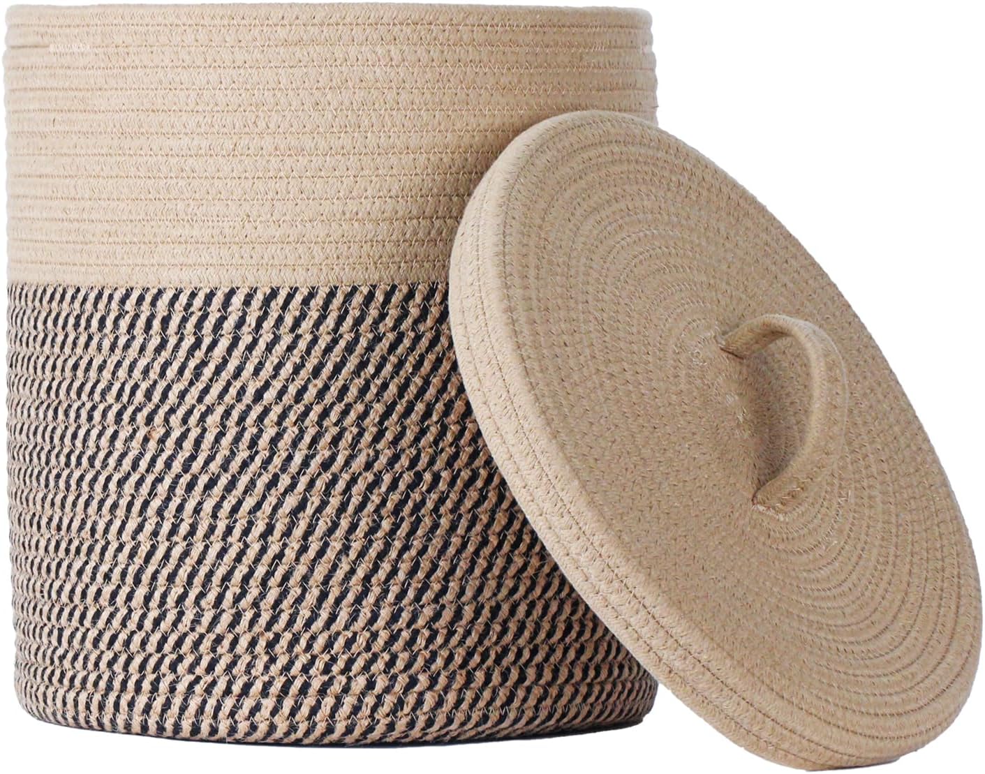 Yimi's Dream Cotton Rope Basket with Lid – Soft Storage Bin for Home Organization, Brown & Brown‑Black Pattern, Sturdy, Lightweight & Stylish, 11.5″ Round x 13.5″ High