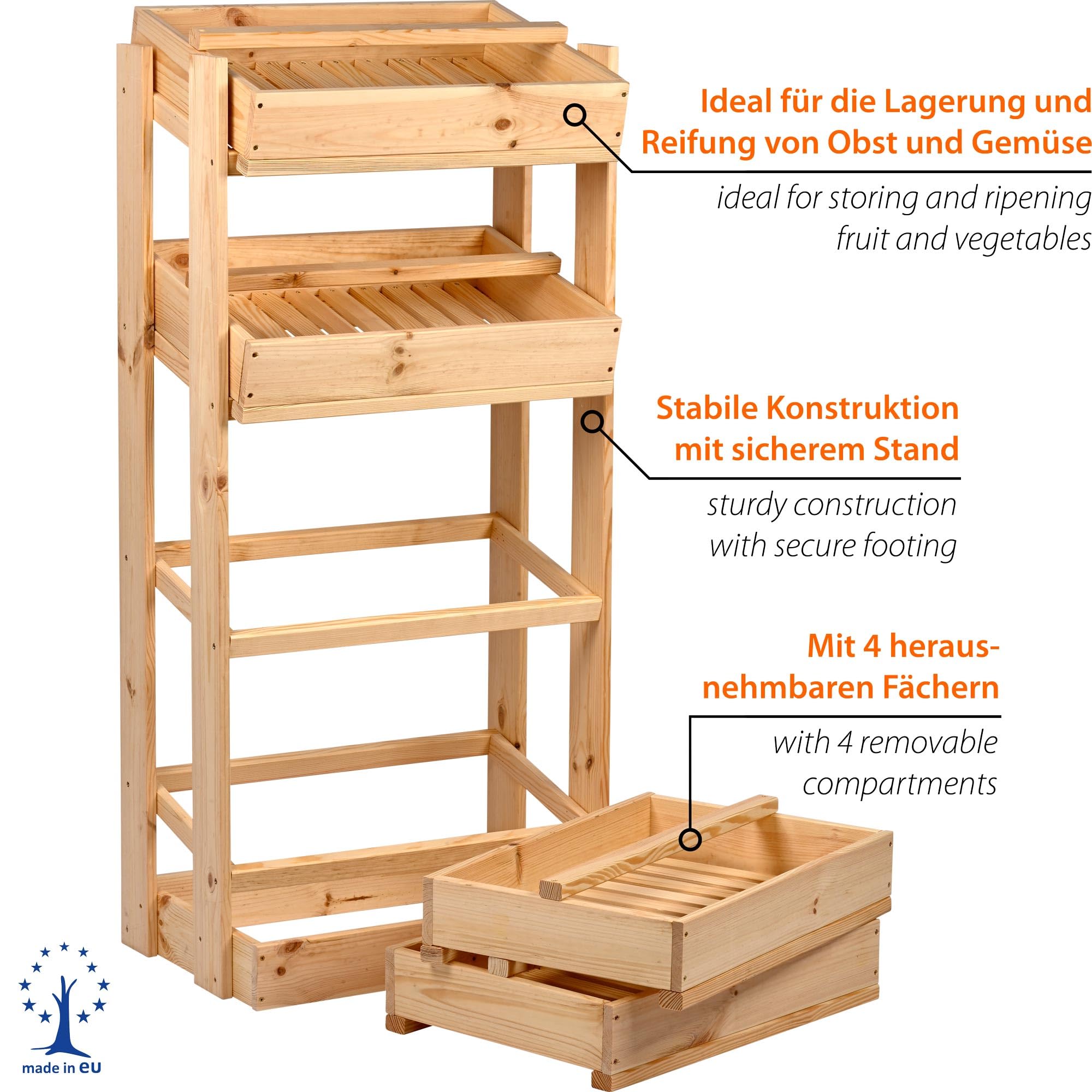 dobar® green label Vorratsregal für Obst und Gemüse - Obstkiste aus Holz - Obst und Gemüsehorde mit 4 Fächern - Gemüseregal mit 4 Stapelkisten - 53 x 35 x 116 cm - Natur