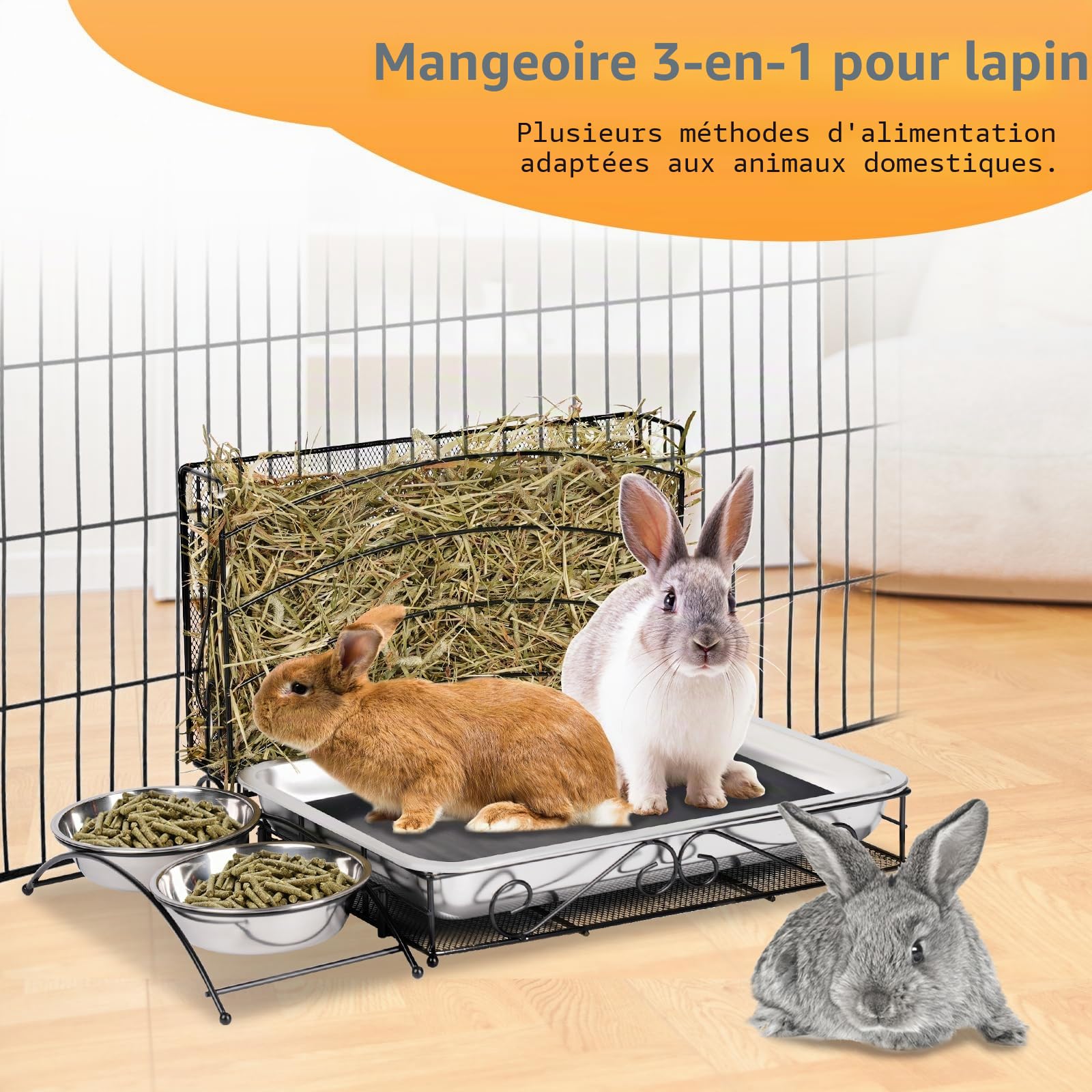 3 en 1 Mangeoire à Foin pour Lapin avec Bac à LitièRe, Mangeoire à Lièvre en MéTal avec Toilettes et Bols, Porte-Foin pour Petits Animaux pour Cochon d'Inde Hamster Lapin