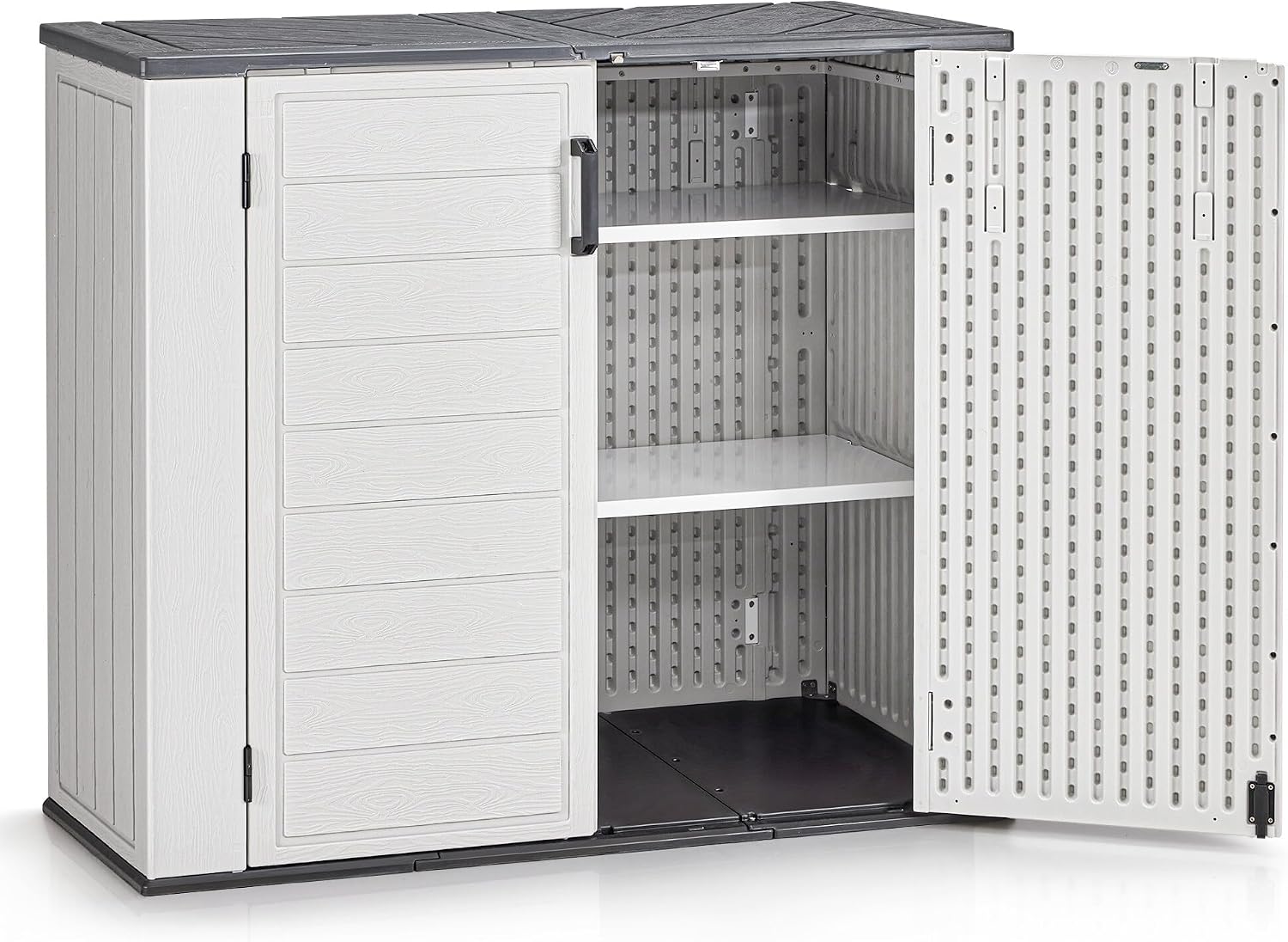 Macrout 32 Cu.Ft Small Plastic Outdoor Storage Cabinet with Shelves, 4.5 x 2 ft Waterproof Resin Outdoor Storage Shed with Floor, Lockable Horizontal Shed for Garden and Patio ST2135