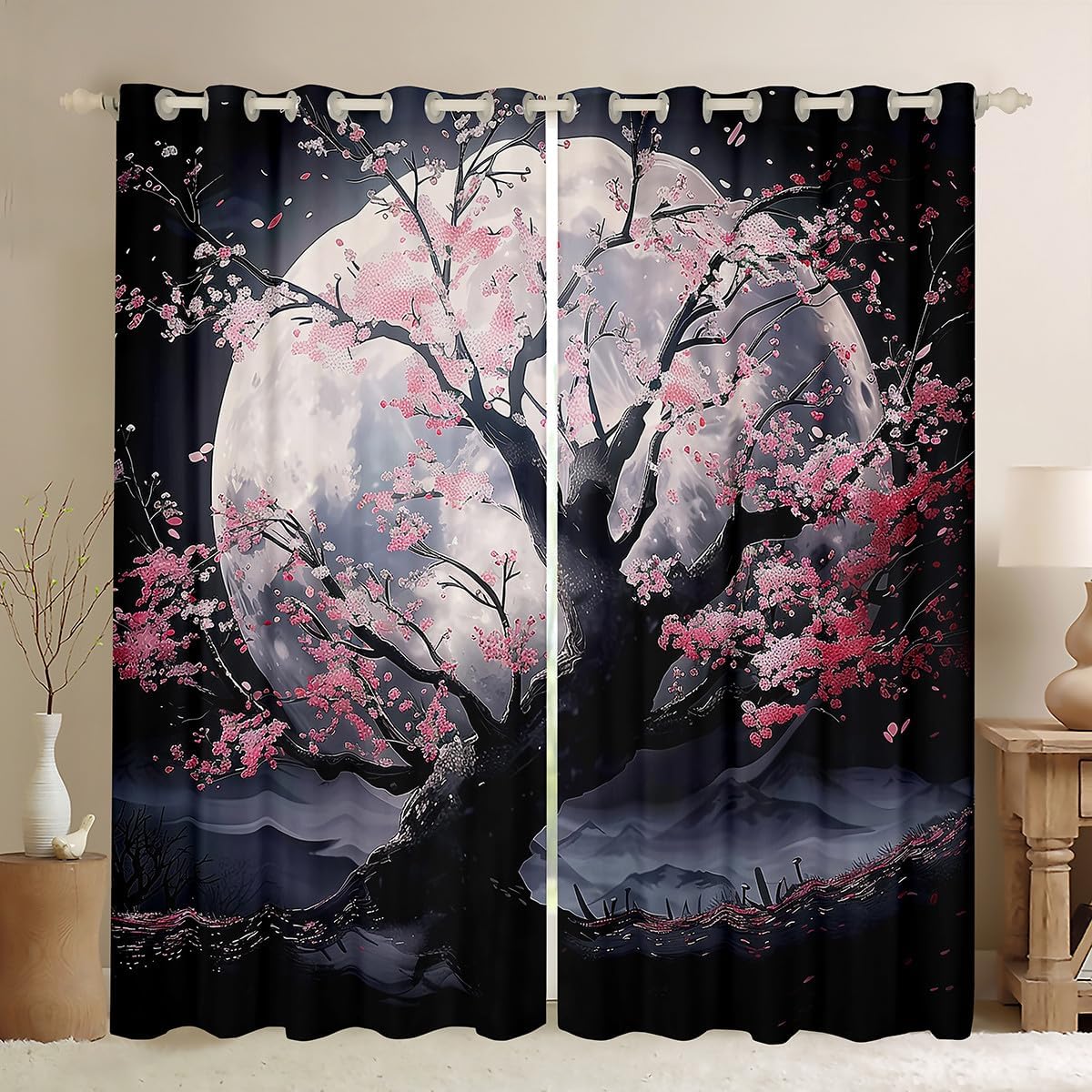 Erosebridal Cherry Blossom Curtains & Drapes 52" Wx84 L Japanese Blackout Curtains Night Moon Sakura Floral Window Curtains for Kids Girls Women,Aesthetics Cherry Blossom Window Treatments