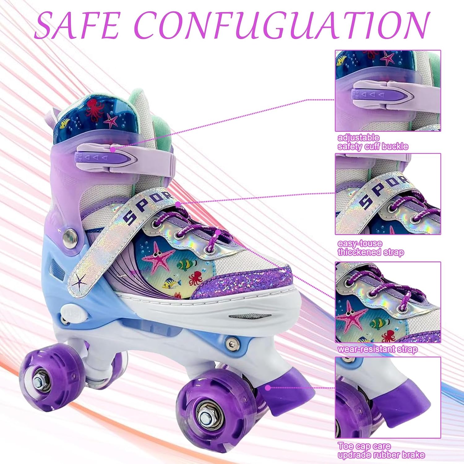 Adjustable Roller Skates for Boys Girls Ages 3-12, All 8 Wheels of Roller Skates Light Up with Protective Gear Set Gift for Youth Kids Indoor & Outdoor Beginners
