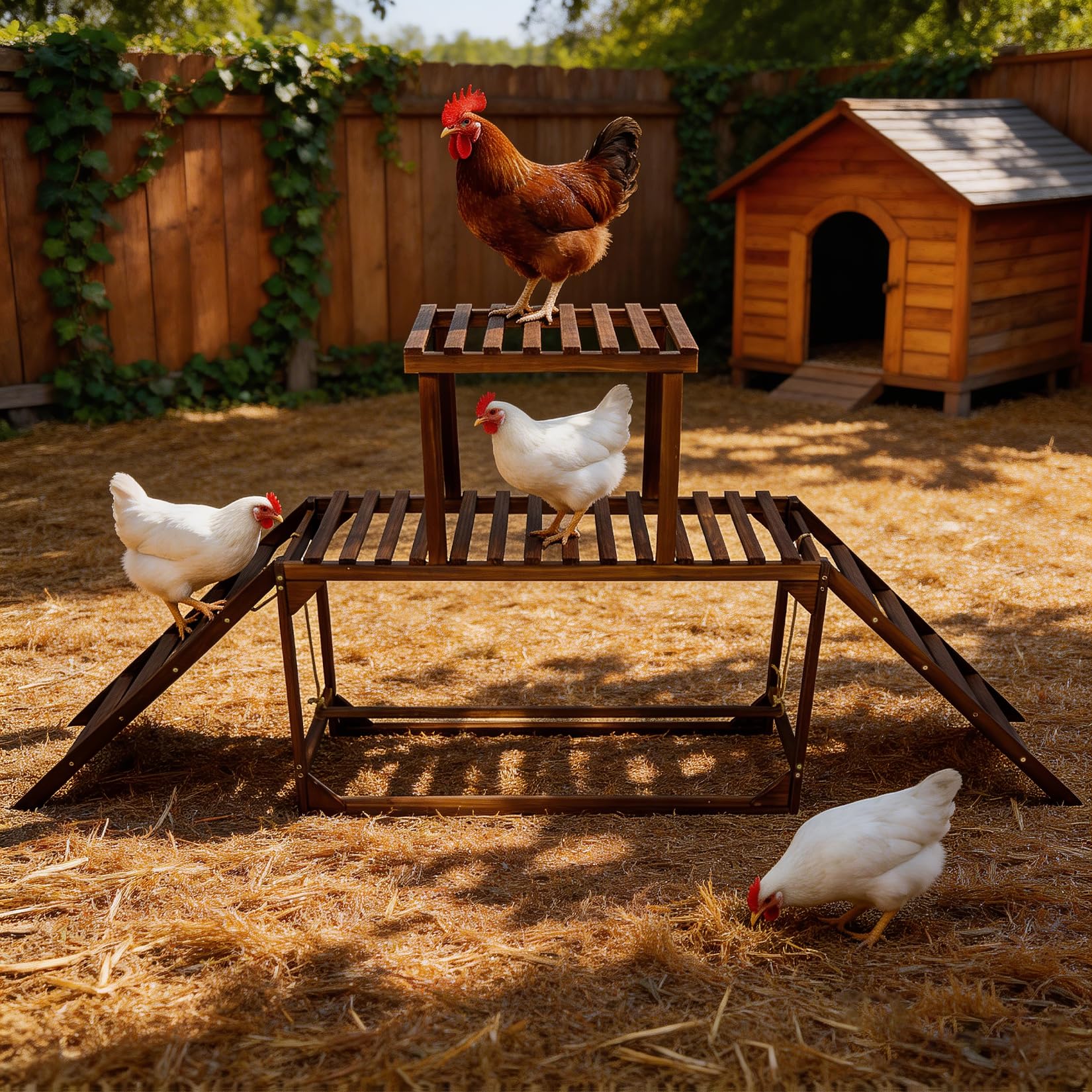 BingoPaw Percha de Madera para Gallinas con Escalera y Columpio, Perchero de Carbonizado para 8-10 Gallinas, Área de Pie Amplia, Resistente a la Corrosión, 200x30x89cm