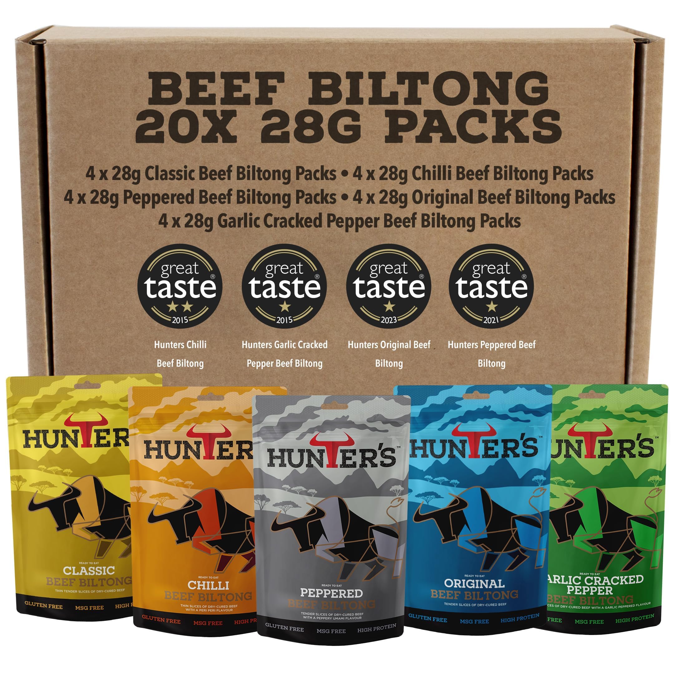 Hunters Beef Snack 20 Pack Variety Beef Biltong, 560g Mixed Flavours - Biltong Bites - Grass Fed Meat Strips - High Protein Snacks - Carnivore Low Calorie Meat Snacks