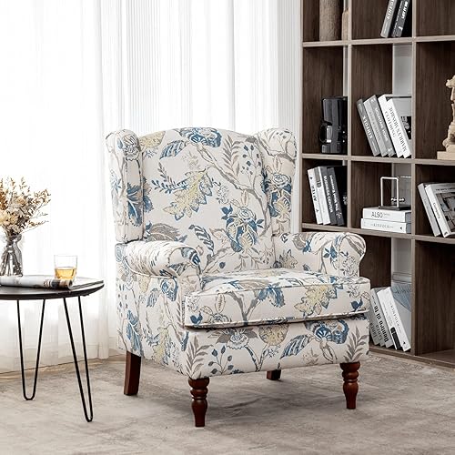 Miniatura 7 de MELLCOM Silla decorativa floral, sillón tapizado con respaldo alto y patas sólidas, sofá individual de ocio para sala de estar, dormitorio, oficina