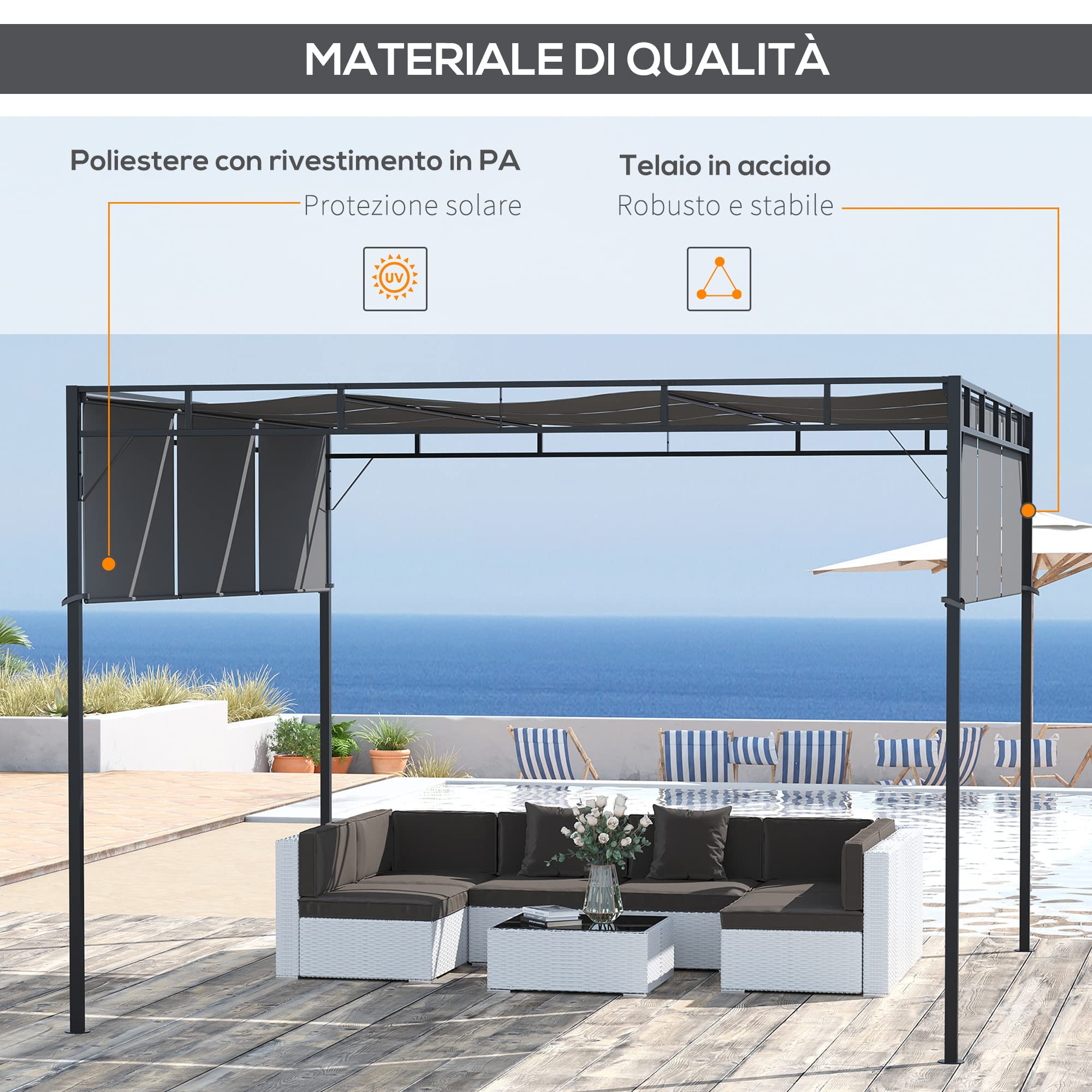 Outsunny Gazebo da Esterno Pergola da Giardino 3x3 m Grigio Scuro