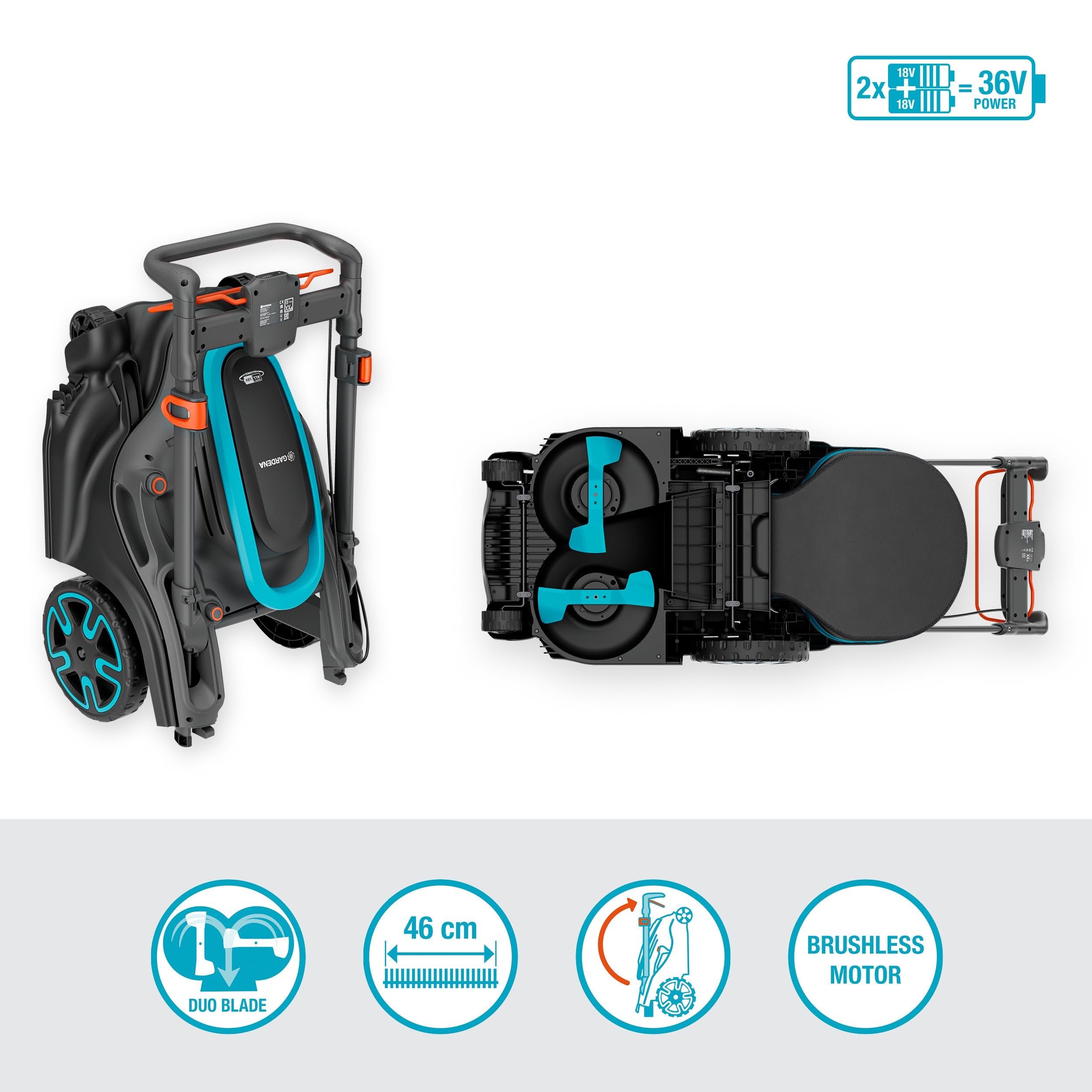 Gardena Kosiarka akumulatorowa PowerMax Duo 46/36 V, szerokość koszenia 46 cm, technologia DuoBlade, w tym akumulator POWER FOR ALL, ergonomiczna konstrukcja, wydajne koszenie trawnika (14646-65)