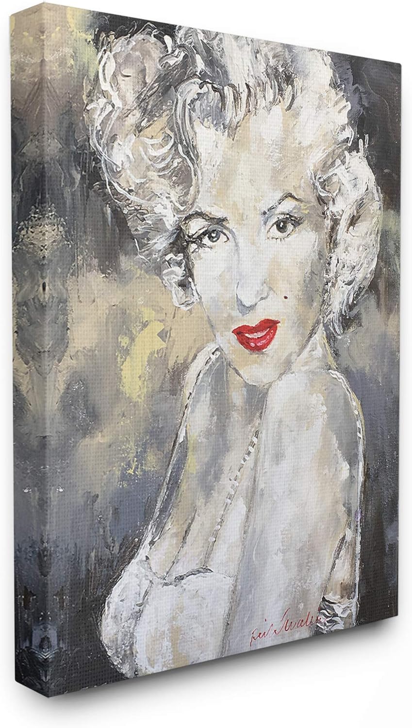 The Stupell Home Décor Collection Munroe Black and White with Red Lipstick Portrait Painting Stretched Canvas Wall Art, 24 x 30, Multi-Color