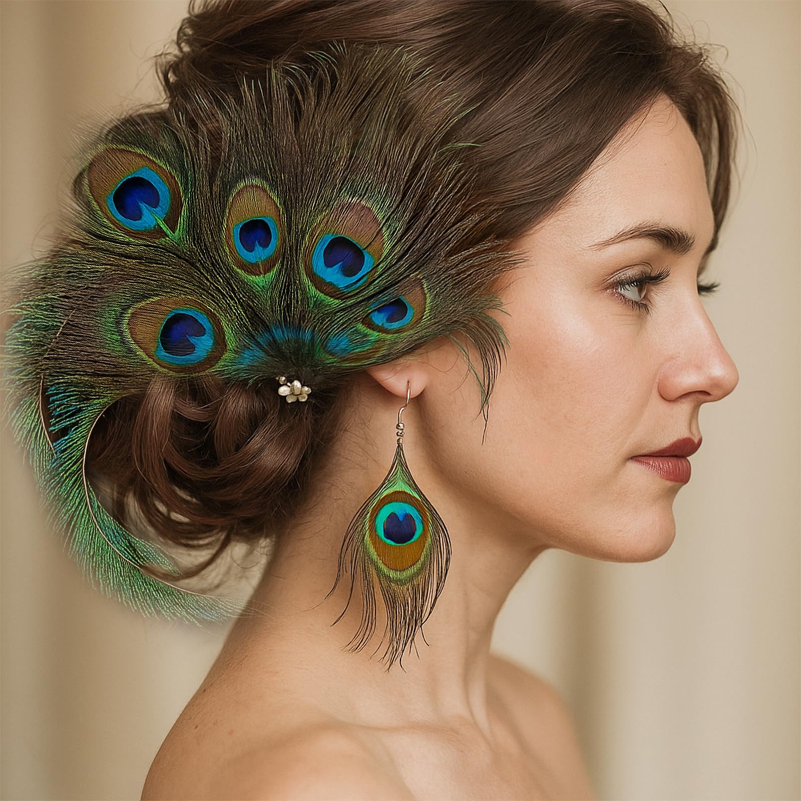 3Pcs Peacock Feathers Set, Feather Hair Clip and Earrings, Vintage Headband Hair Clip for 1920s Theme Parties, Carnivals - Image 4