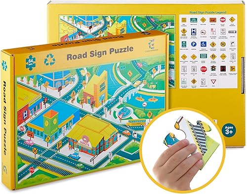 COGNISPRINGS - Rompecabezas de señales de carretera para niños de 4 a 8 años 3 a 6 8 a 11 años 64 piezas rompecabezas de suelo juegos de viaje por
