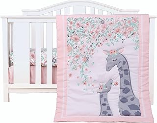 Baevellery Pink Floral Crib Bedding Set 3piece Soft Baby Girl Nursery Bedding Grey Giraffe - Fitted Sheet Comforter Crib SkirtÂ¡Â­