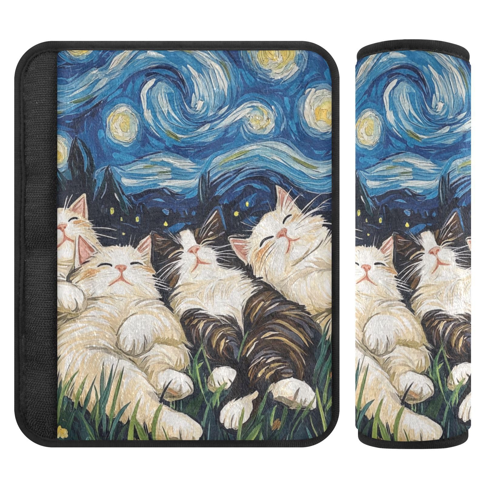 Starry Night Floral Ragdoll Cats Cartoon Seat Belt Cover Pad 2 Pcs Soft Cute Seatbelt Covers Protector Support Head Neck Shoulder Strap for Car Seats High Chair Backpack for Adults Kids Women M