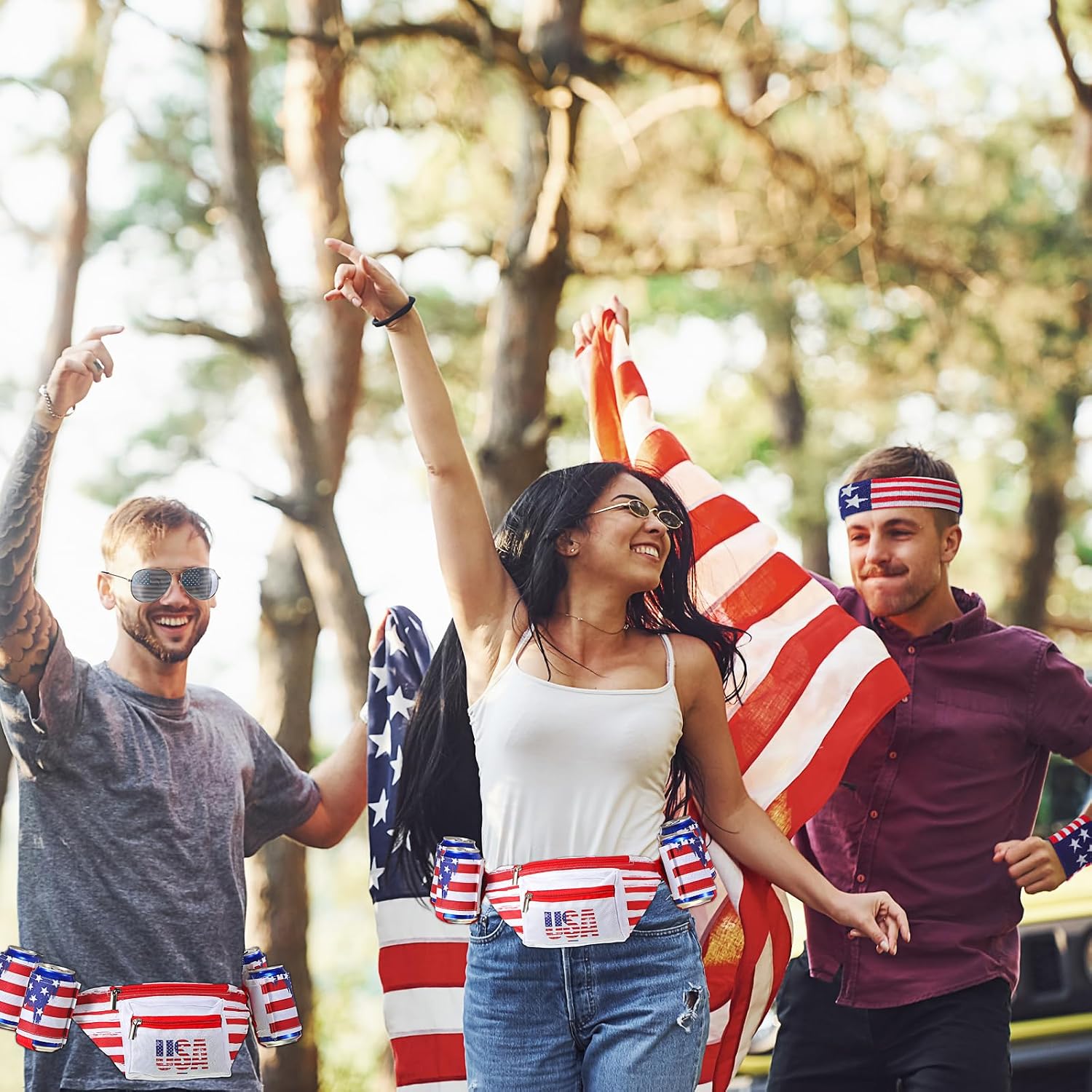 Tallew 9 Pcs 4th of July USA Beverage Beer Belt Set 250th Anniversary Patriotic American Flag Fanny Pack Beer Belt Suspenders Drink Holder Headband Wristband(Vibrant Style) thumbnail