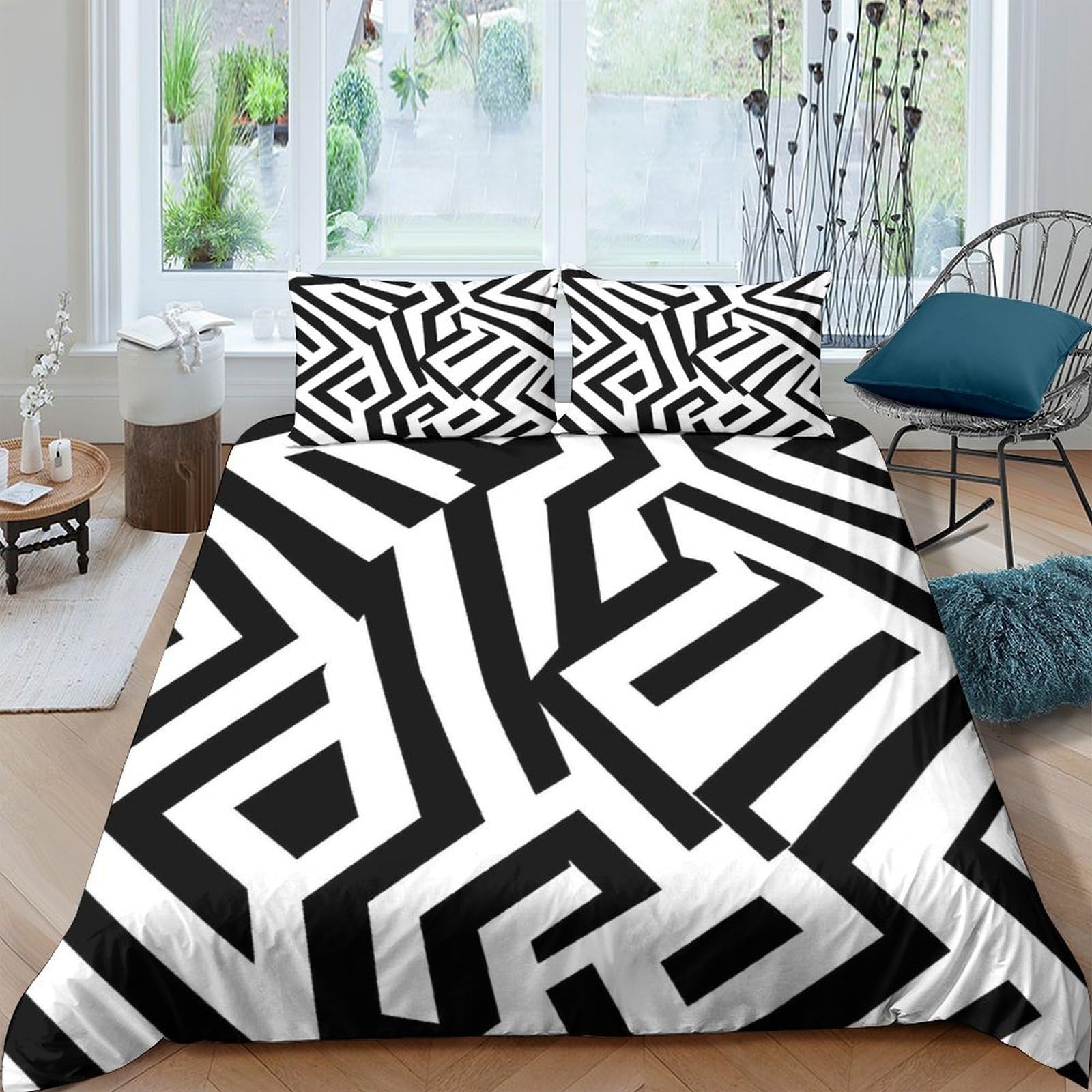 Ctjqhvkz Style-2 3D Printed Geometric Maze Fitted Sheet Microfiber Black White Abstract Pattern Bed Cover For Bedroom Guestroom Mattress Decor Single（135X200cm）