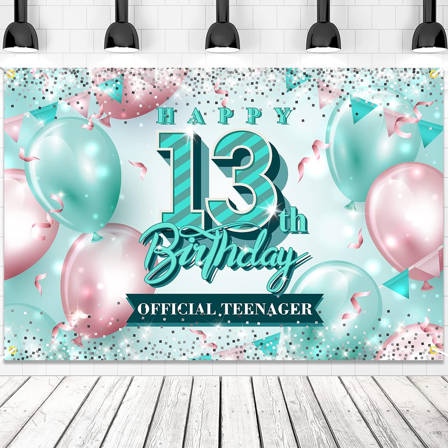 Happy 13th Birthday Banner Backdrop - 6x4 Ft Green & Silver Decor For Teen Party, With Hanging Ribbon - View #3