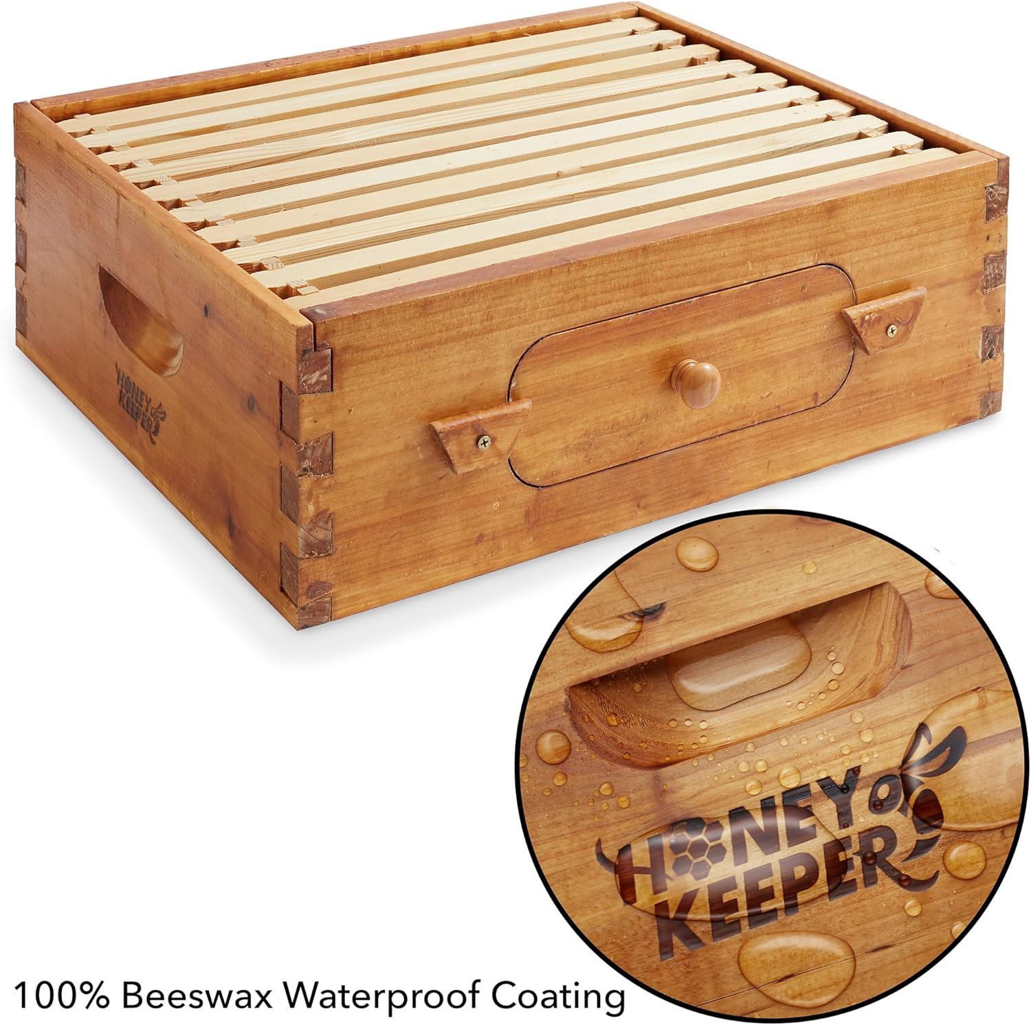 Honey Keeper Medium Super Brood Box with Window, 100% Beeswax Coated Beehive Kit with 10 Wooden Frames and Waxed Foundations for Langstroth Beekeeping