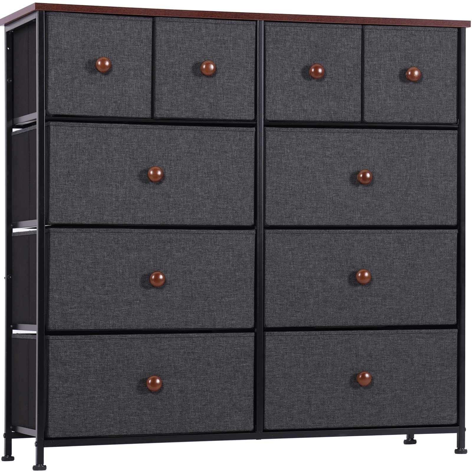 AOPSEN 10 Drawer Dresser, Tall Dresser with Large Capacity, Storage Organizer Unit for Bedroom Closets Hallway, Sturdy Steel Frame Wood Top, Black Grey