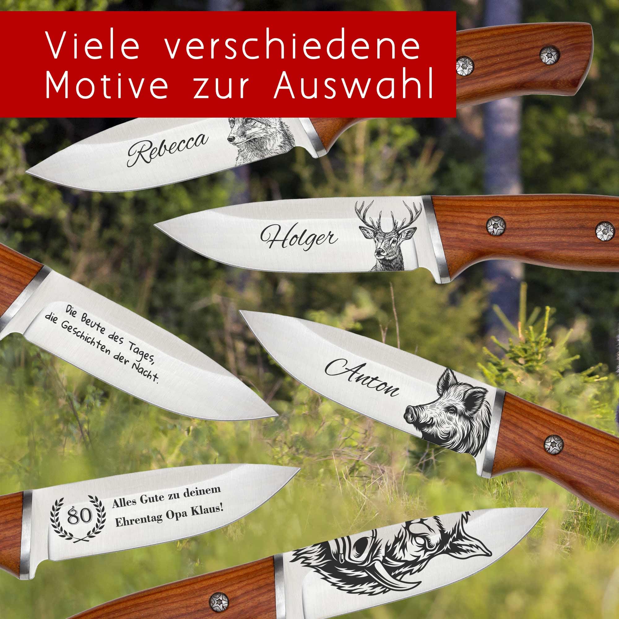 ADAM WILD Jagdmesser mit Gravur | personalisierte Jagd-Geschenke für Jäger | Wildsau, Hirsch, Wolf, Reh & Fuchs mit Wunschname graviert | rostfreier Edelstahl, Holzgriff & Lederscheide | Jagdzubehör