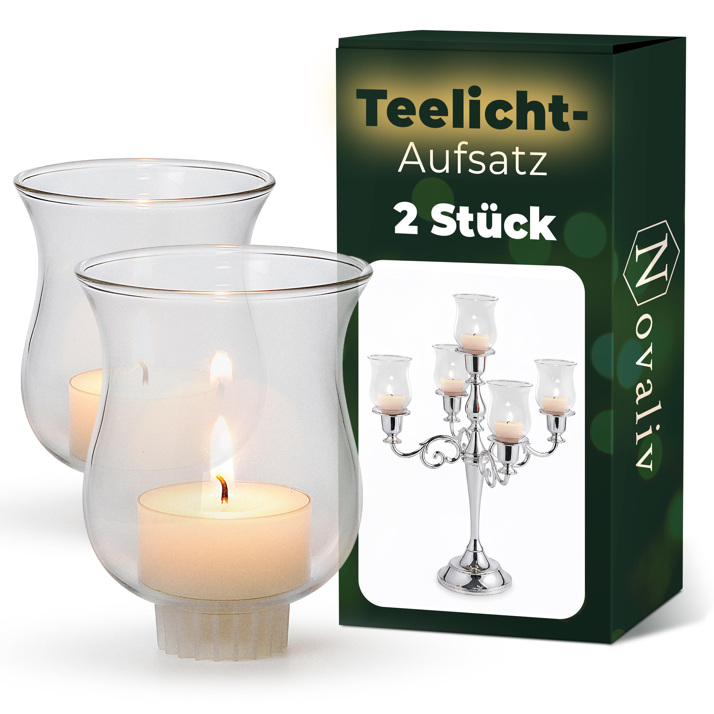 2 Stück Novaliv Teelichtaufsatz klar 8 cm Glasaufsatz für Kerzenleuchter Kerzenständer Glas Adventskranz Teelichthalter Stabkerzenhalter
