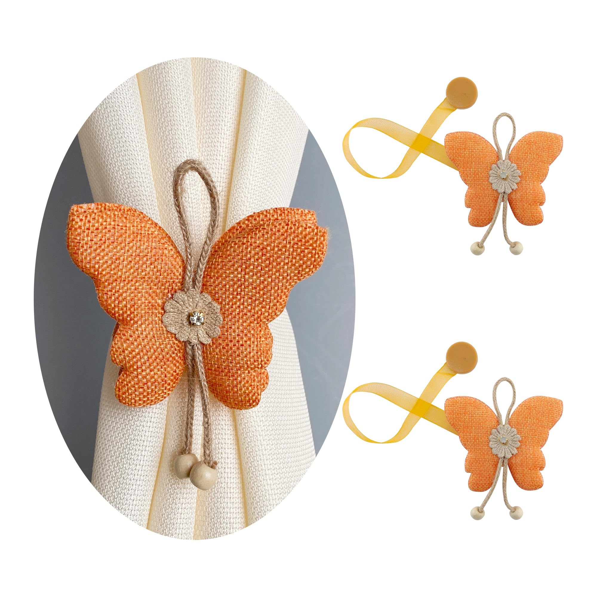 GIRASOLE HOME Fermatenda in Stoffa a Forma di Farfalla con Magneti 2 Pezzi, Arancione