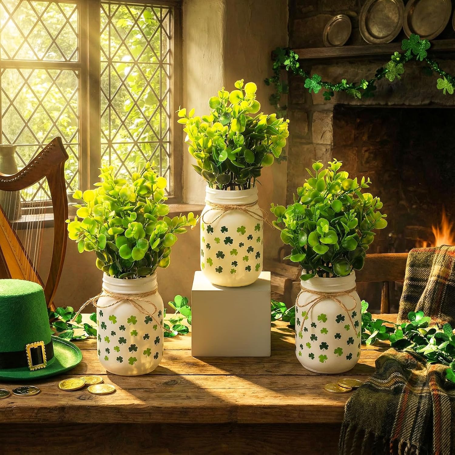 3 Pcs St. Patrick's Day Table Decorations Shamrock Mason Jar with Artificial Eucalyptus Mini Vases Potted Plants Centerpieces for Irish St Patricks Day Kitchen Fireplace Mantel Table Decor