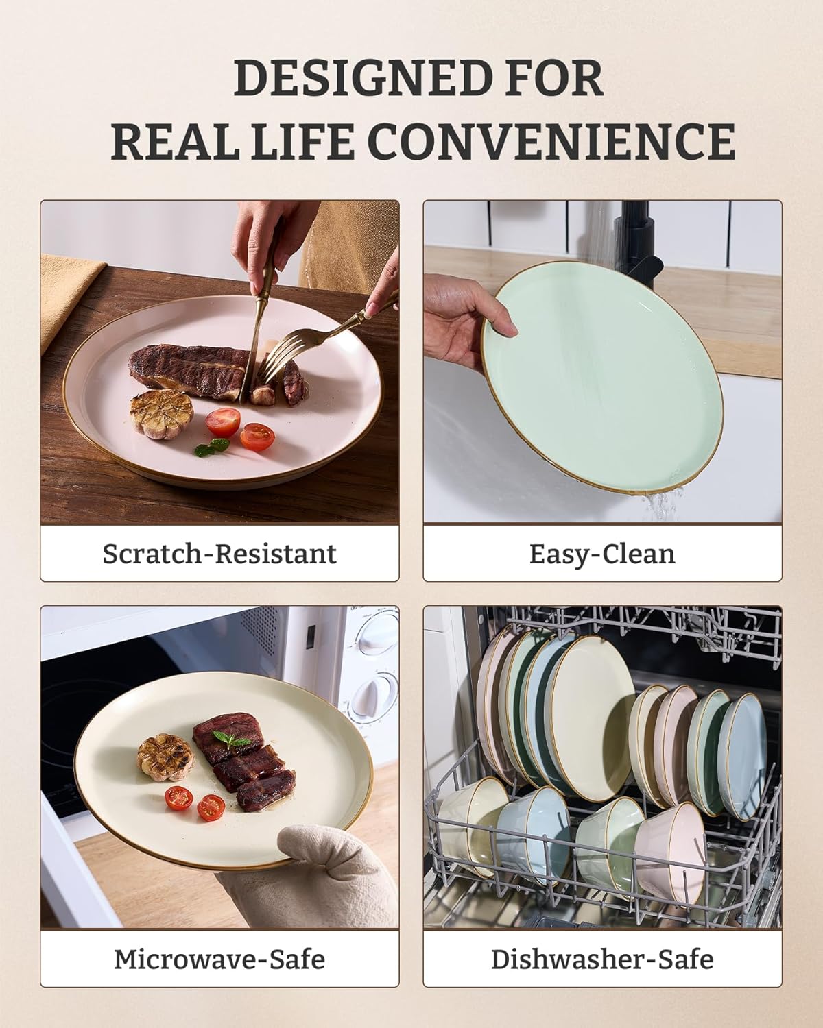 Famiware Saturn Dinnerware Sets, Plates and Bowls Sets for 4, 12 Pieces Stoneware Dish Set - Chip and Scratch Resistant, Microwave and Dishwasher Safe Tableware Set, Multi-color with Rim - Image 7