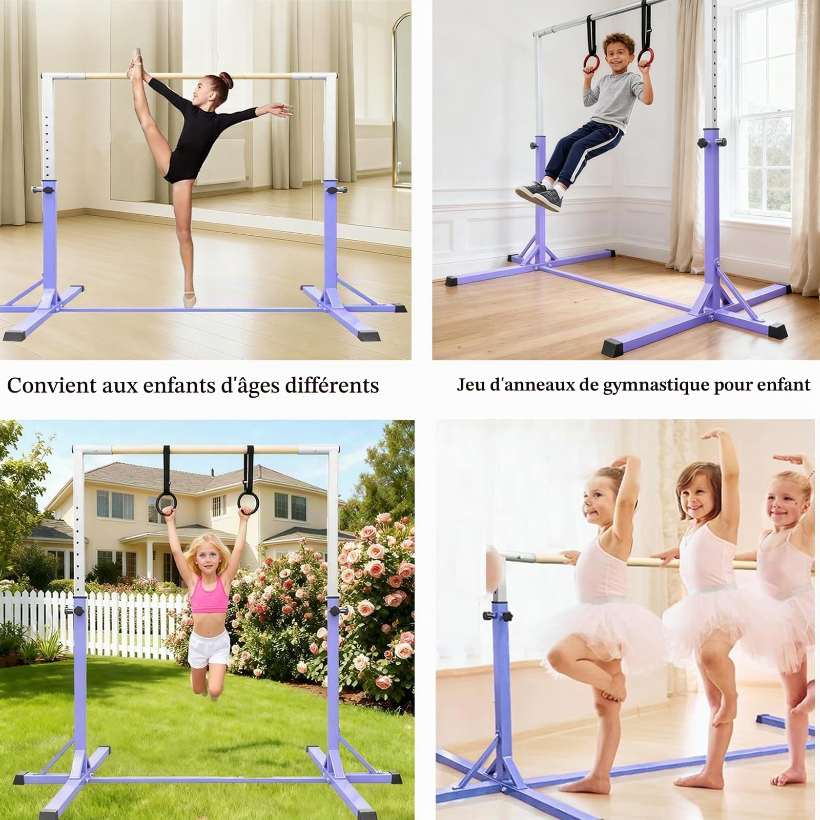 Barre de Gymnastique Horizontale pour Enfants avec Anneaux de Gymnastique - 13 hauteurs réglables - Équipement de Gymnastique pour la Maison, l'intérieur et l'extérieur