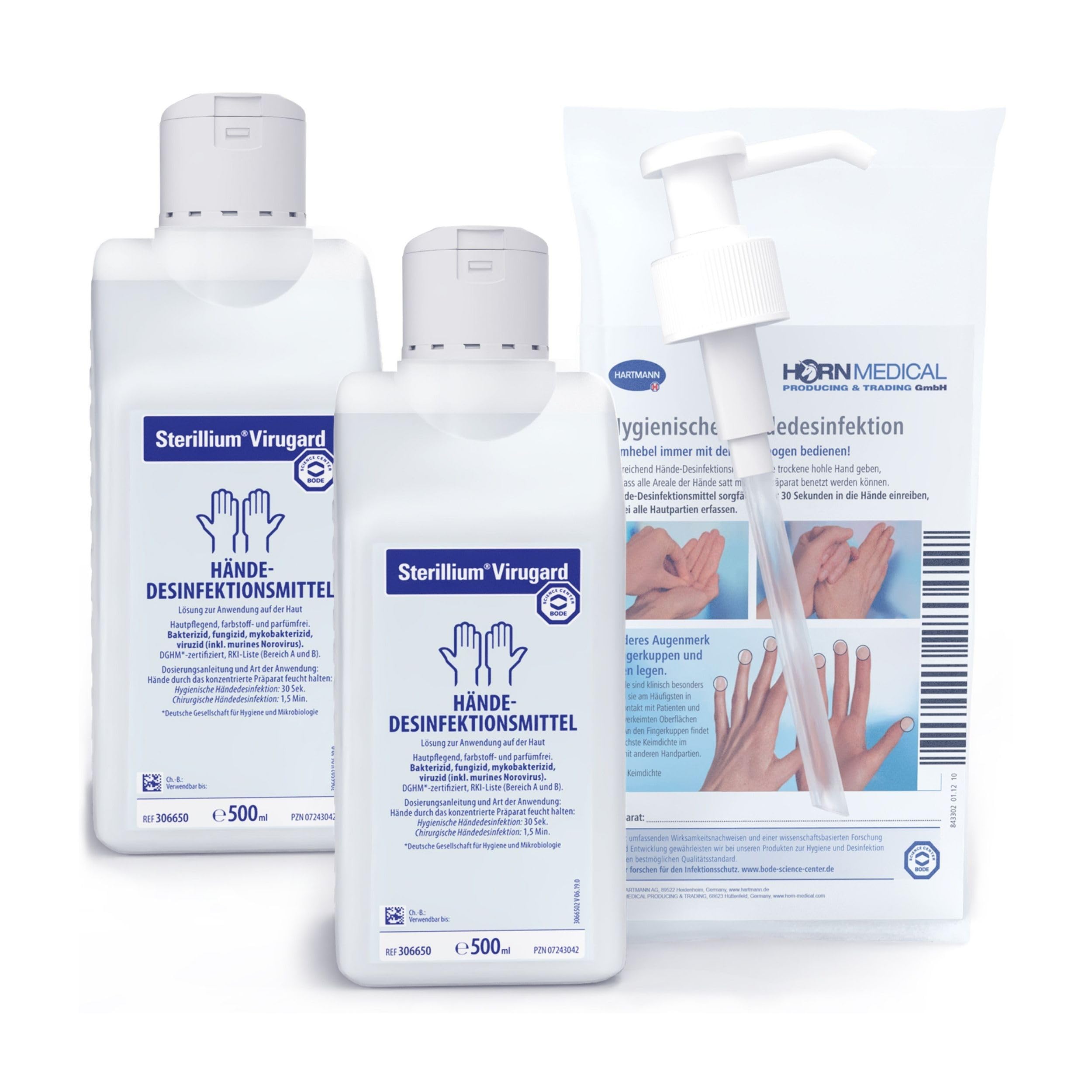 Sterillium VIRUGARD viruzides Handdesinfektionsmittel SETs inkl. Dosierpumpe beseitigt Bakterien zu 99,9% (2x 500ml)